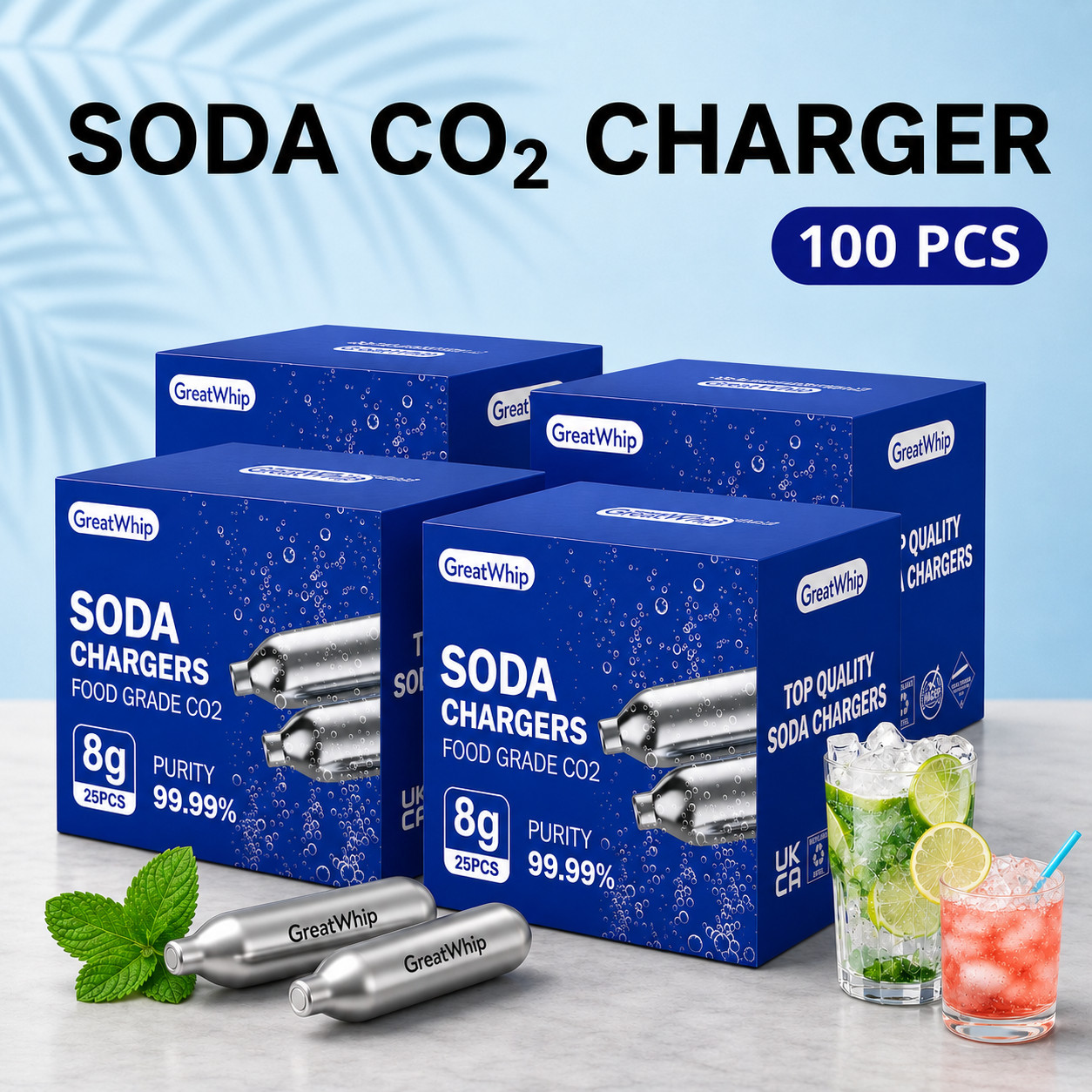 100 PCS Soda Siphon Seltzer Chargers 8g CO2 Cartridge GreatWhip Fizzy Water