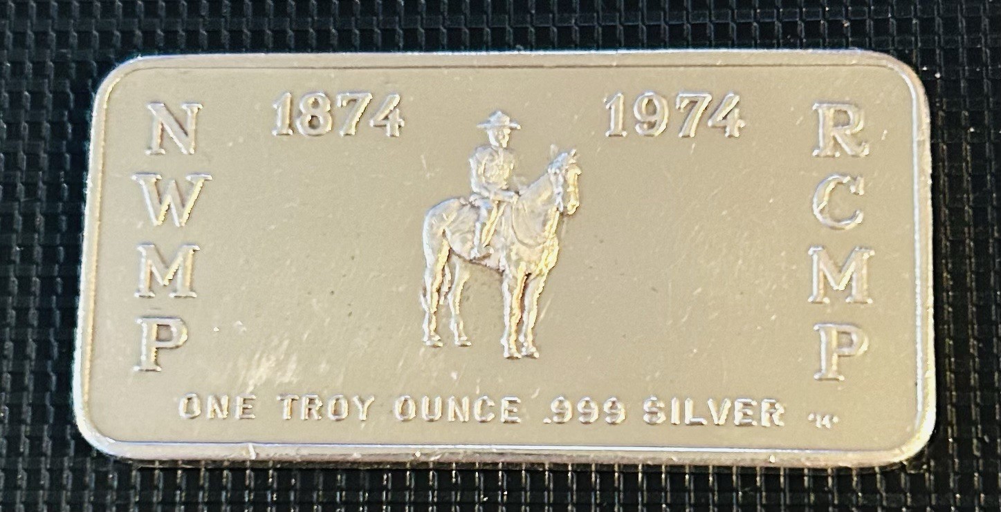 Vintage 1974 NWMP/RCMP Centennial 0.999 Troy Ounce Fine Silver Art Bar #01727 Vintage 1974 NWMP/RCMP Centennial 0.999 Troy Ounce Fine Silver Art Bar #01727