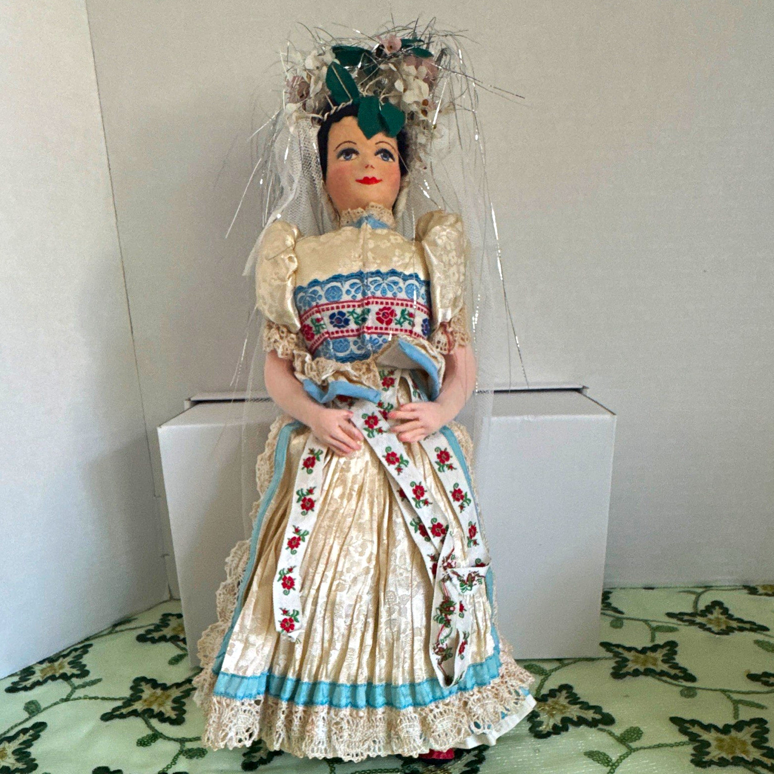 Vintage Hungarian Matyo Folk Doll Mezőkövesd Hungary Original Tag Folk Costume