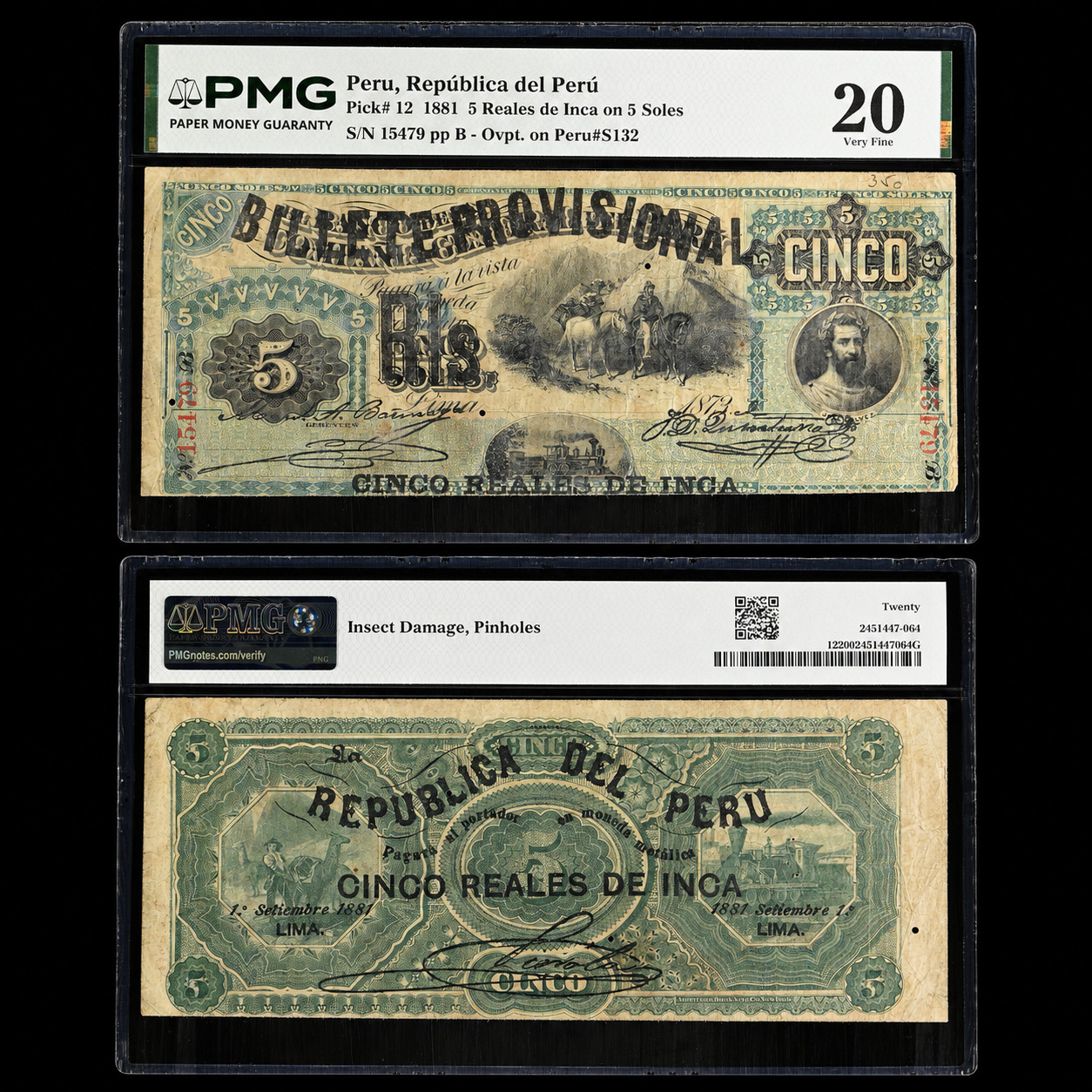 Peru, 1881 5 Reales de Inca on 5 Soles, Republica del Peru bank note, Pick # 12. Peru, 1881 5 Reales de Inca on 5 Soles, Republica del Peru bank note, Pick # 12.