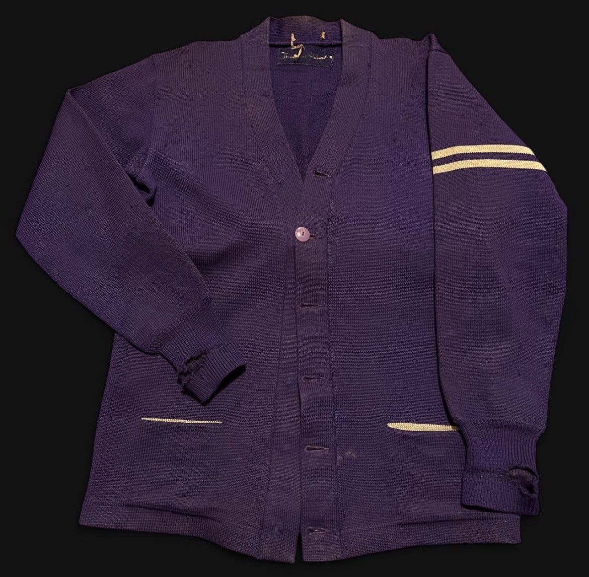 Vintage 1950s Purple Varsity Letterman Cardigan Acrylic Sweater Sz L Distressed