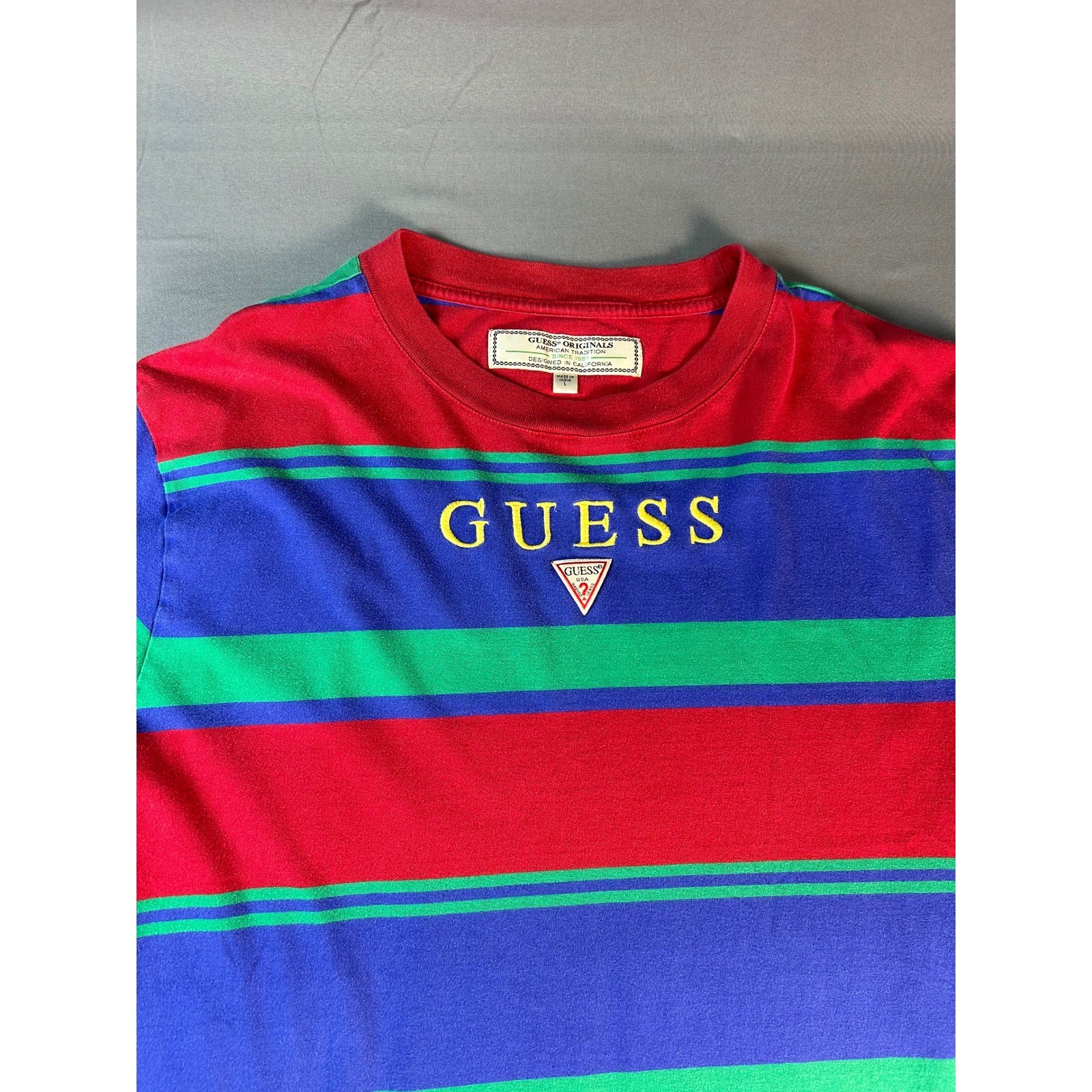 Guess Originals Mens Large Red Blue Green Striped Embroidered Logo T-Shirt