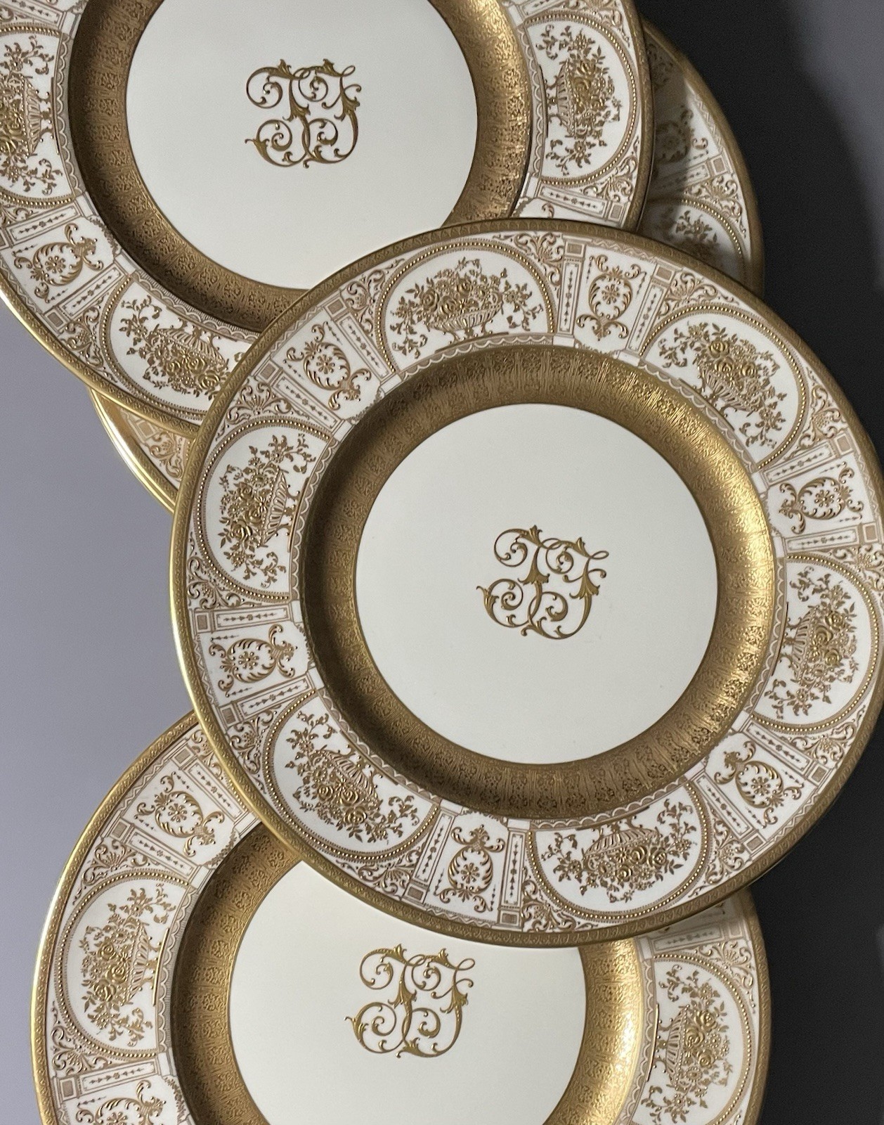 Antique Royal Doulton Porcelain Dinner Plate Raised Gold Initials Lot Of 12