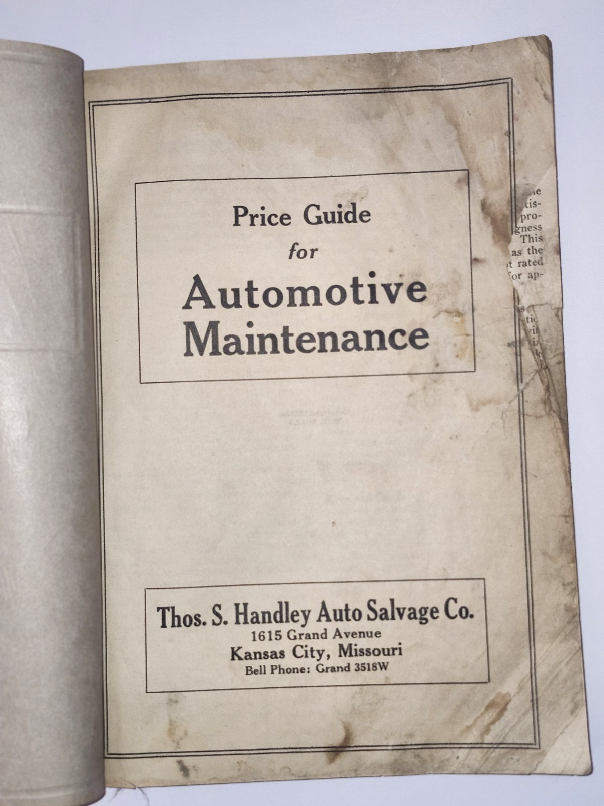 1923 Automotive Maintenance Parts Price Guide Book Pre-1923 Brass Era