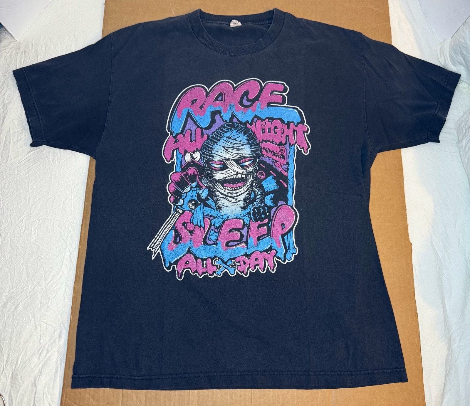 VTG Driftwood Race All Night Sleep All Day Size L Black T-Shirt VTG Driftwood Race All Night Sleep All Day Size L Black T-Shirt