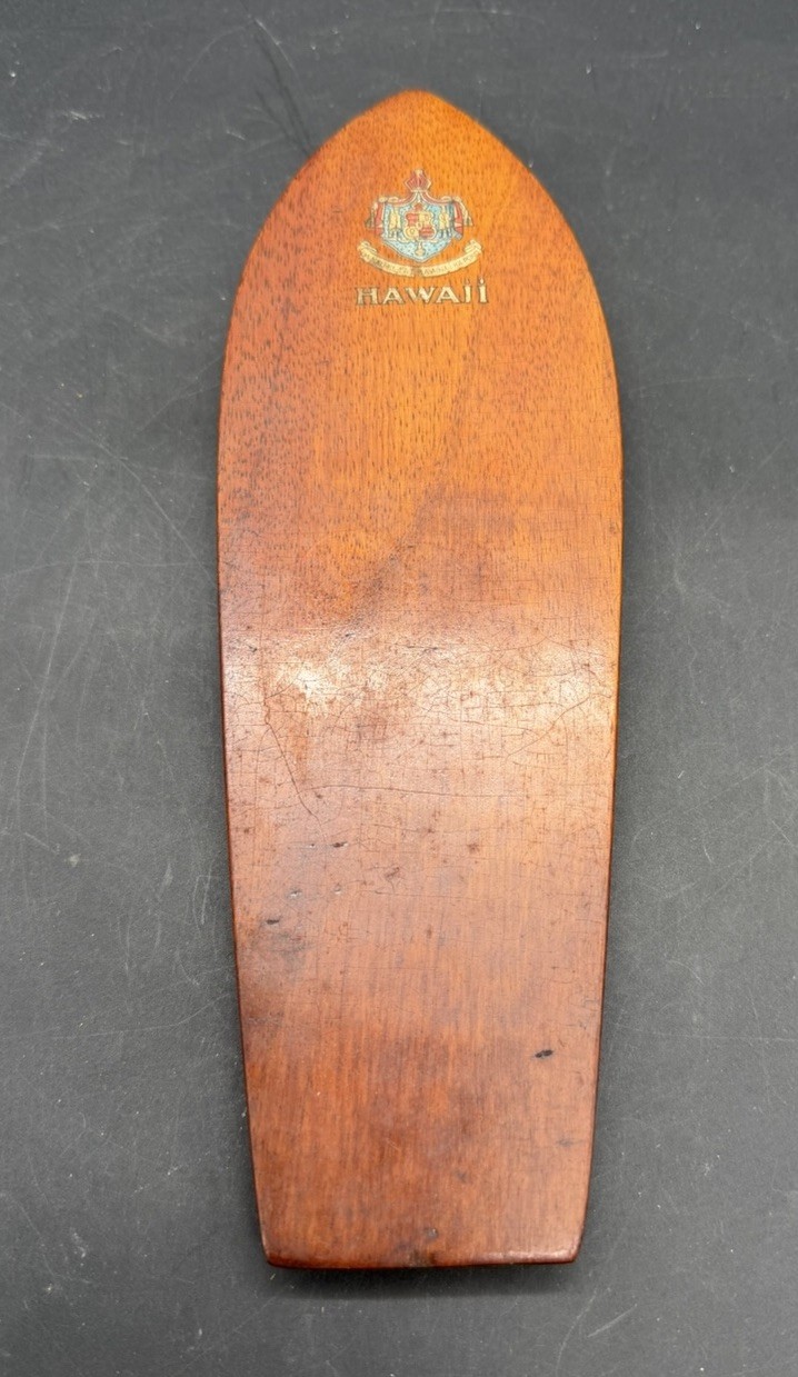 Vintage 1920’s Hawaii Miniature Koa Wood Surfboard with Coat of Arms Decal 9.25\