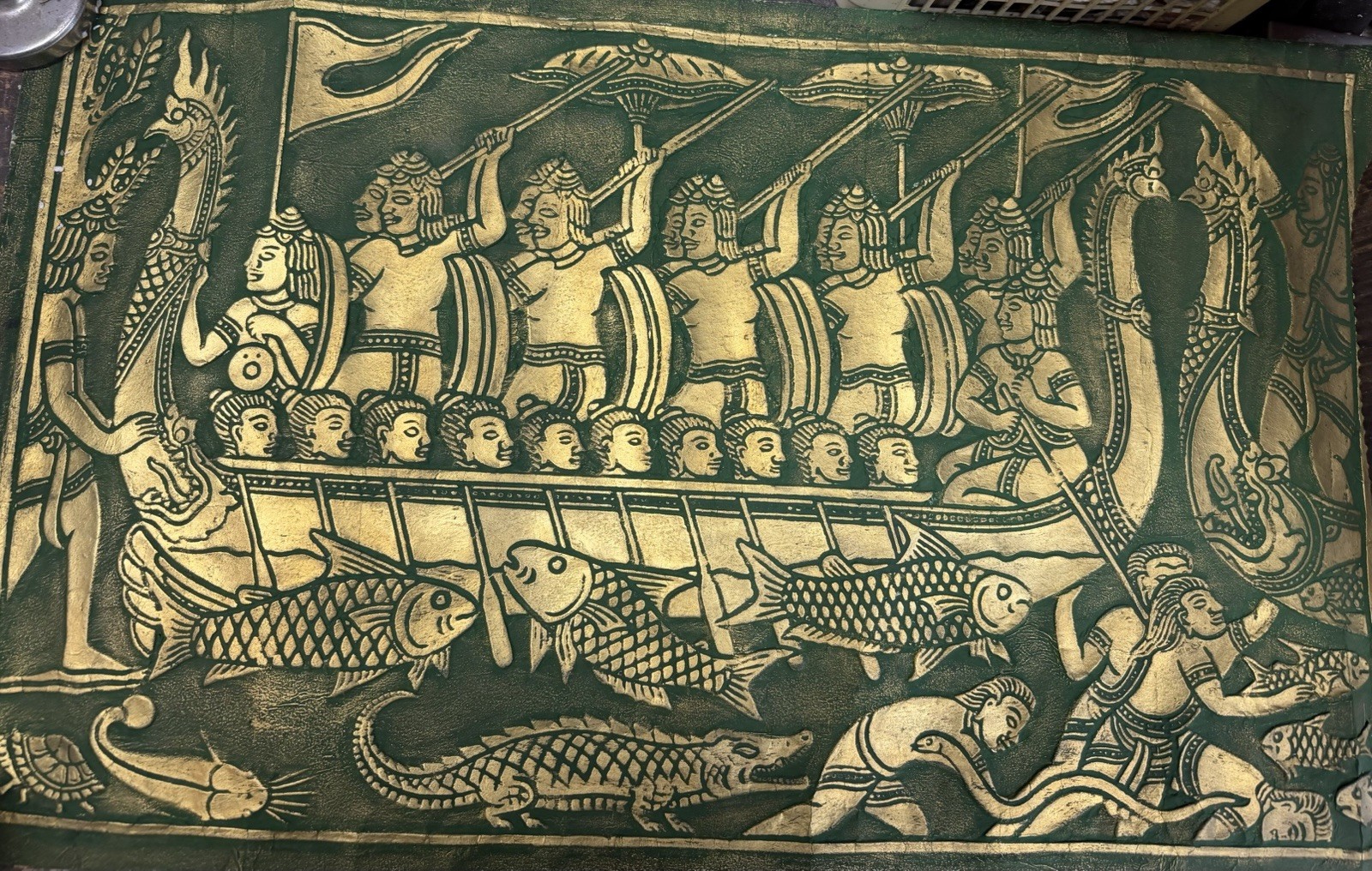 Vintage Cambodian Temple Rubbing Embossed Gold On Green Papyrus/Ceremonial Boat Vintage Cambodian Temple Rubbing Embossed Gold On Green Papyrus/Ceremonial Boat