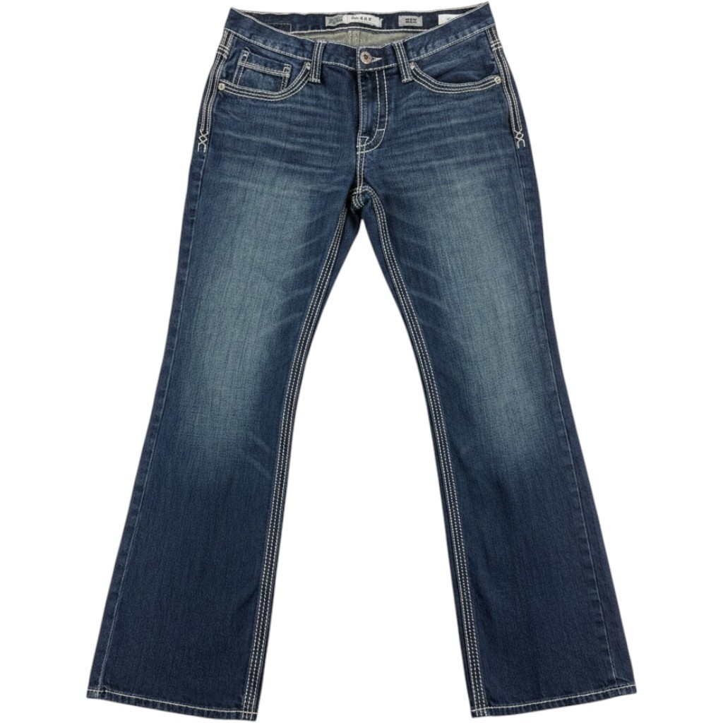 BKE Jeans Mens 32R Derek Bootcut Blue Denim Thick Stitch Contrast