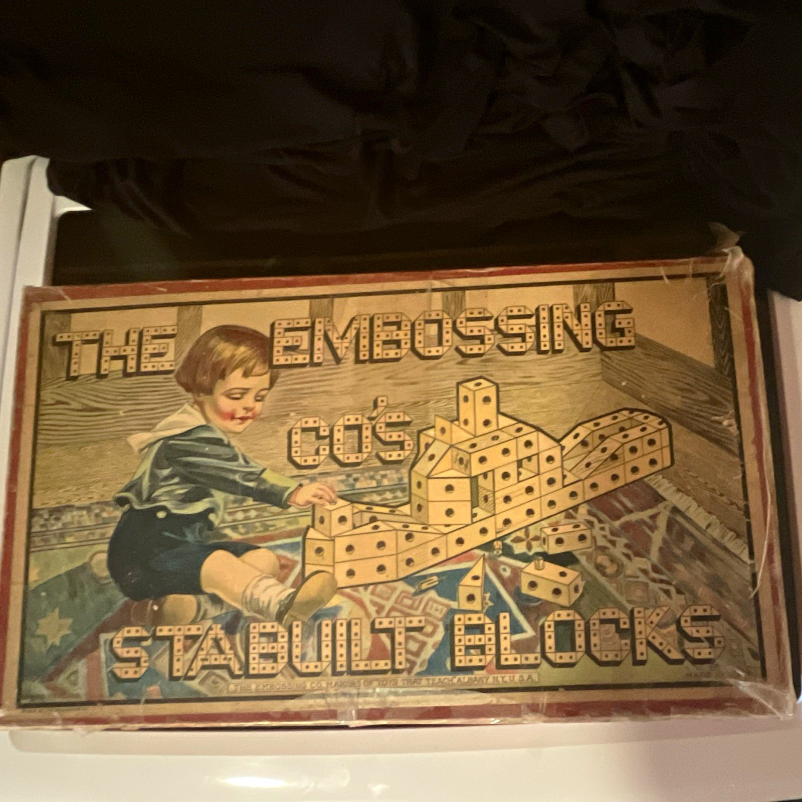 Vintage Wooden Building Blocks Set in Box w/ Round Pieces & Instruction Sheet