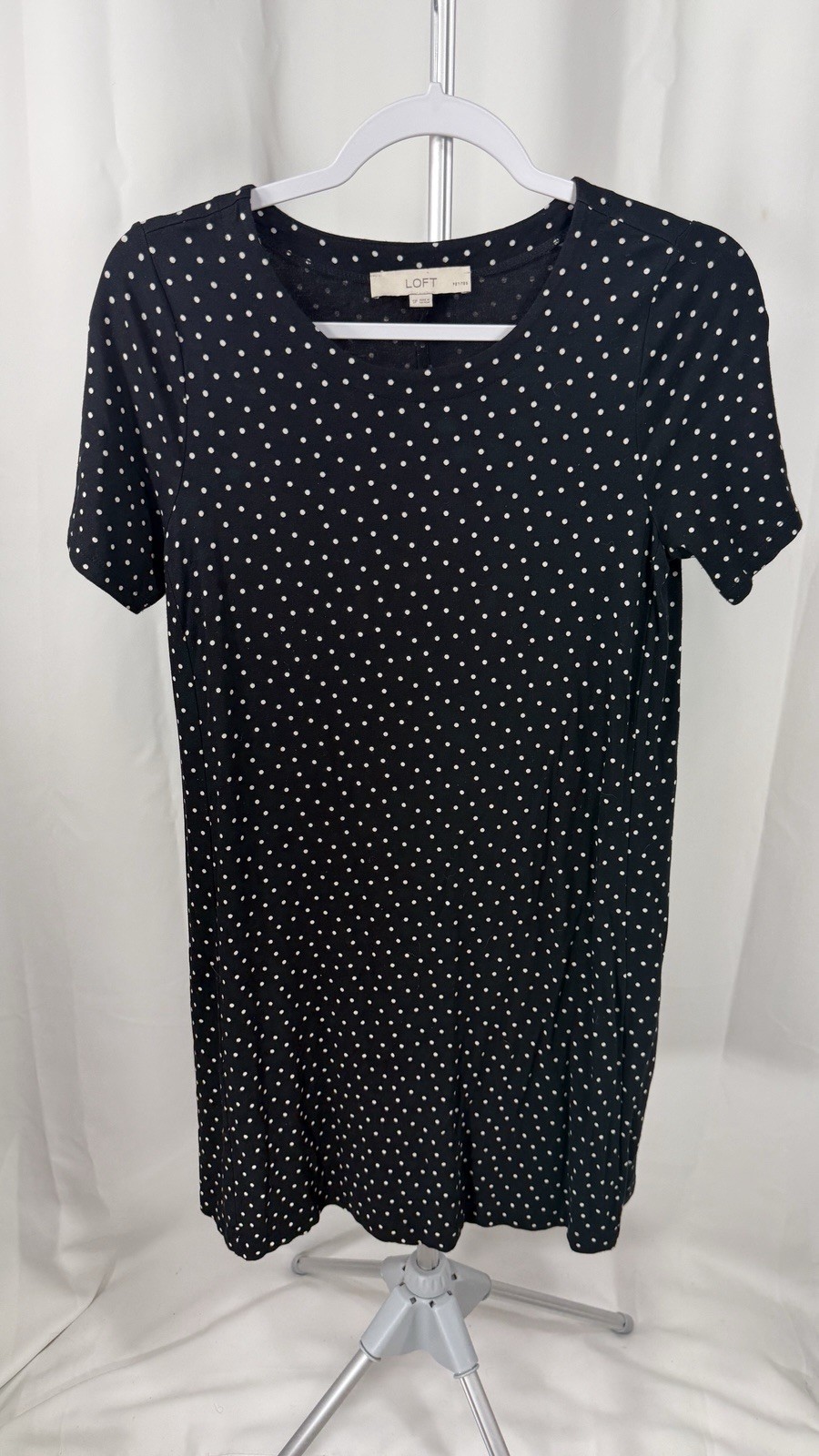 LOFT Petites SP Black White Polka Dot Tshirt Dress Scalloped Hem Casual