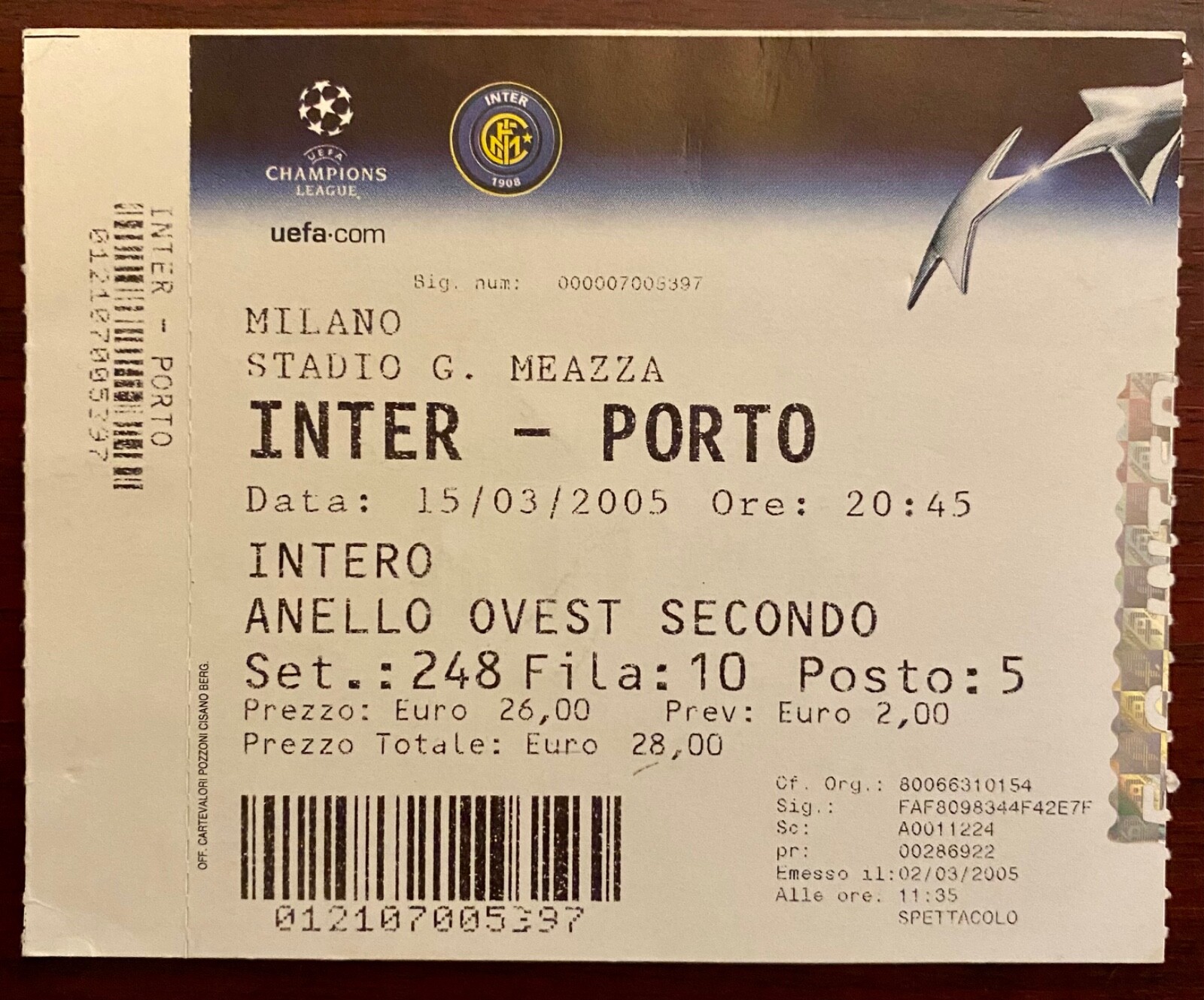 Adriano El Emperador Only UCL Hat Trick In Club Career Match Ticket Inter Milan
