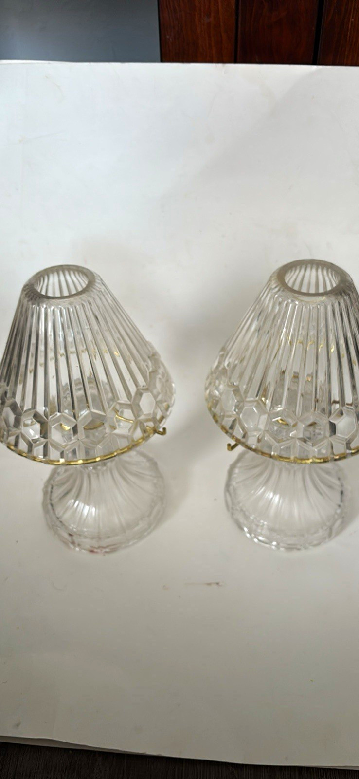 Vintage Pair Clear Glass Candle Holders Gold Tone Shade Holders Elegant Decor
