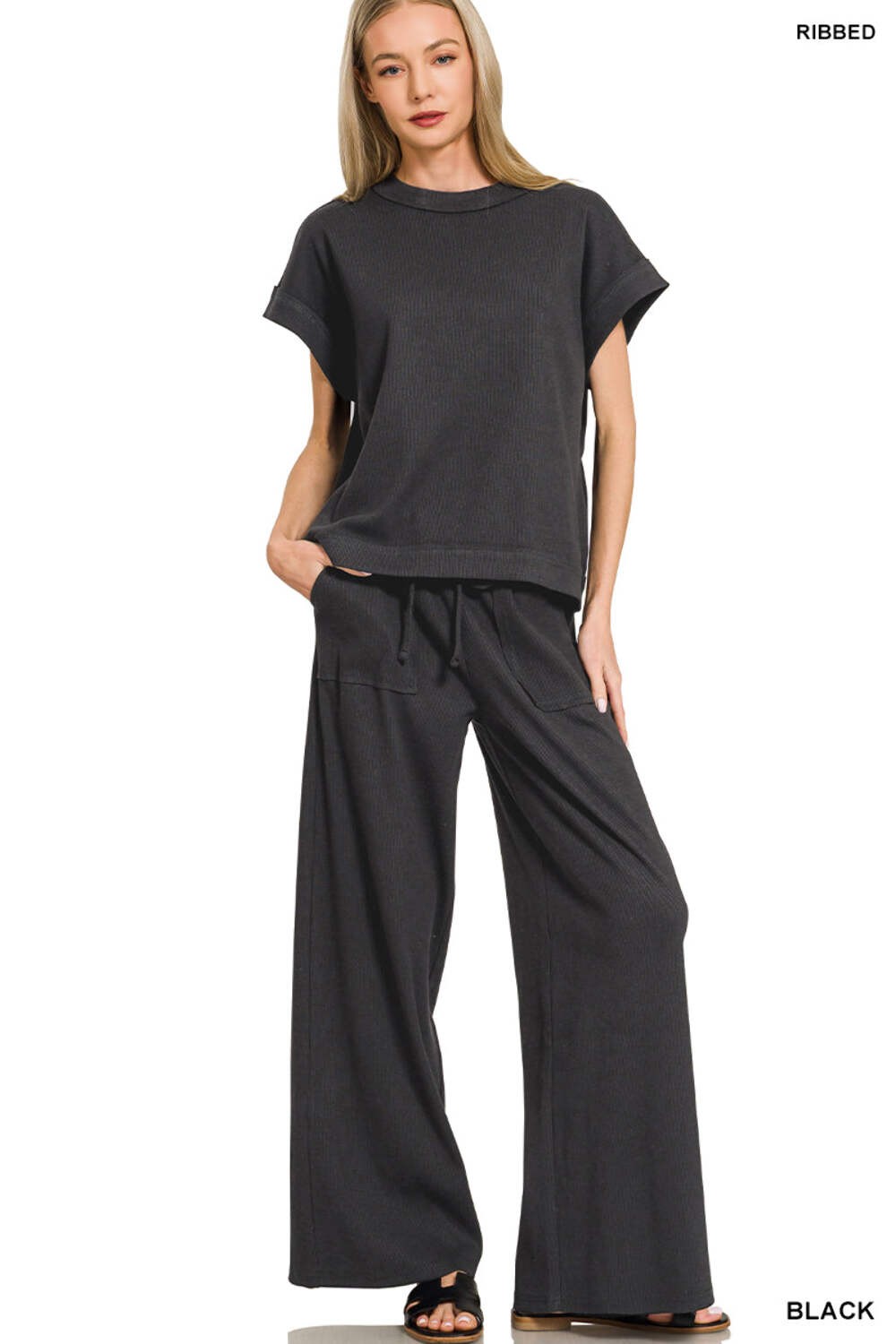 Zenana Women\'s Ribbed Short Sleeve Tee & Pants Set - Black