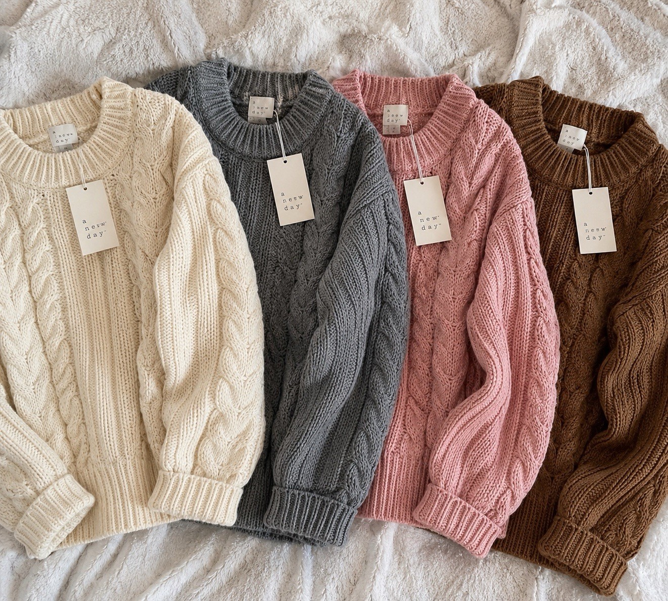 A New Day Women\'s Large Cable Knit Sweater Lot of 4 NWT Pink Gray Brown Cream