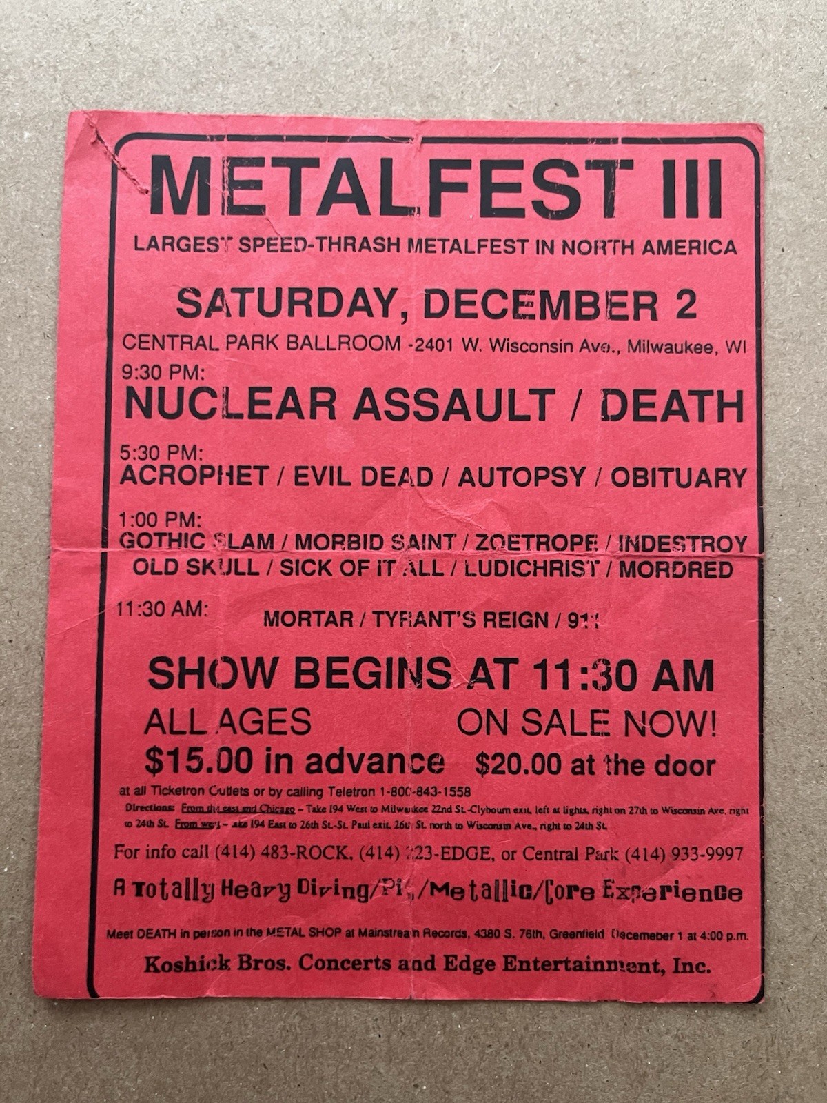 rare MILWAUKEE METALFEST 1989 flyer DEATH AUTOPSY OBITUARY MORBID SAINT SOIA