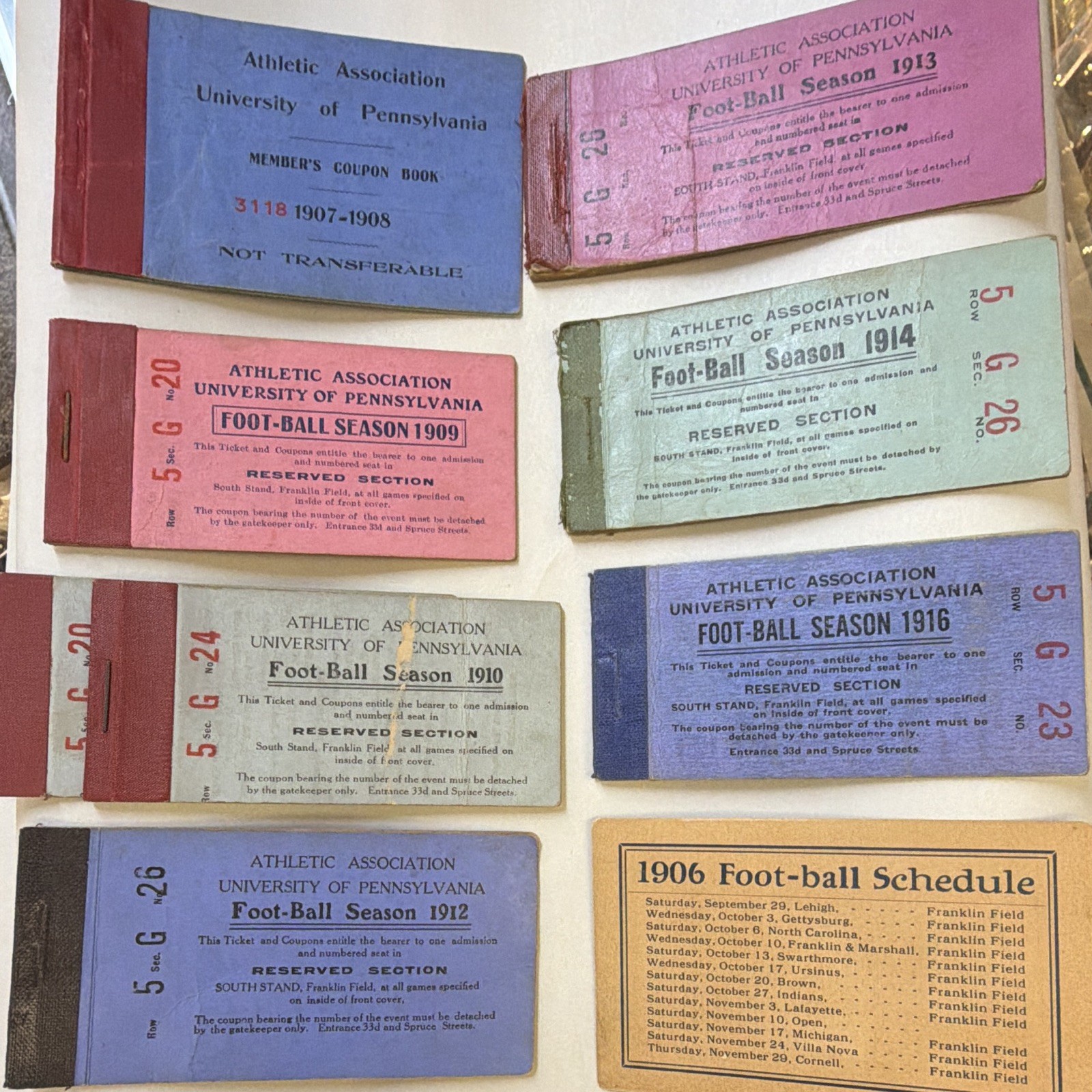LOT 9 Vtg 1906-1916 University of Pennsylvania Penn Football Ticket Books Sched