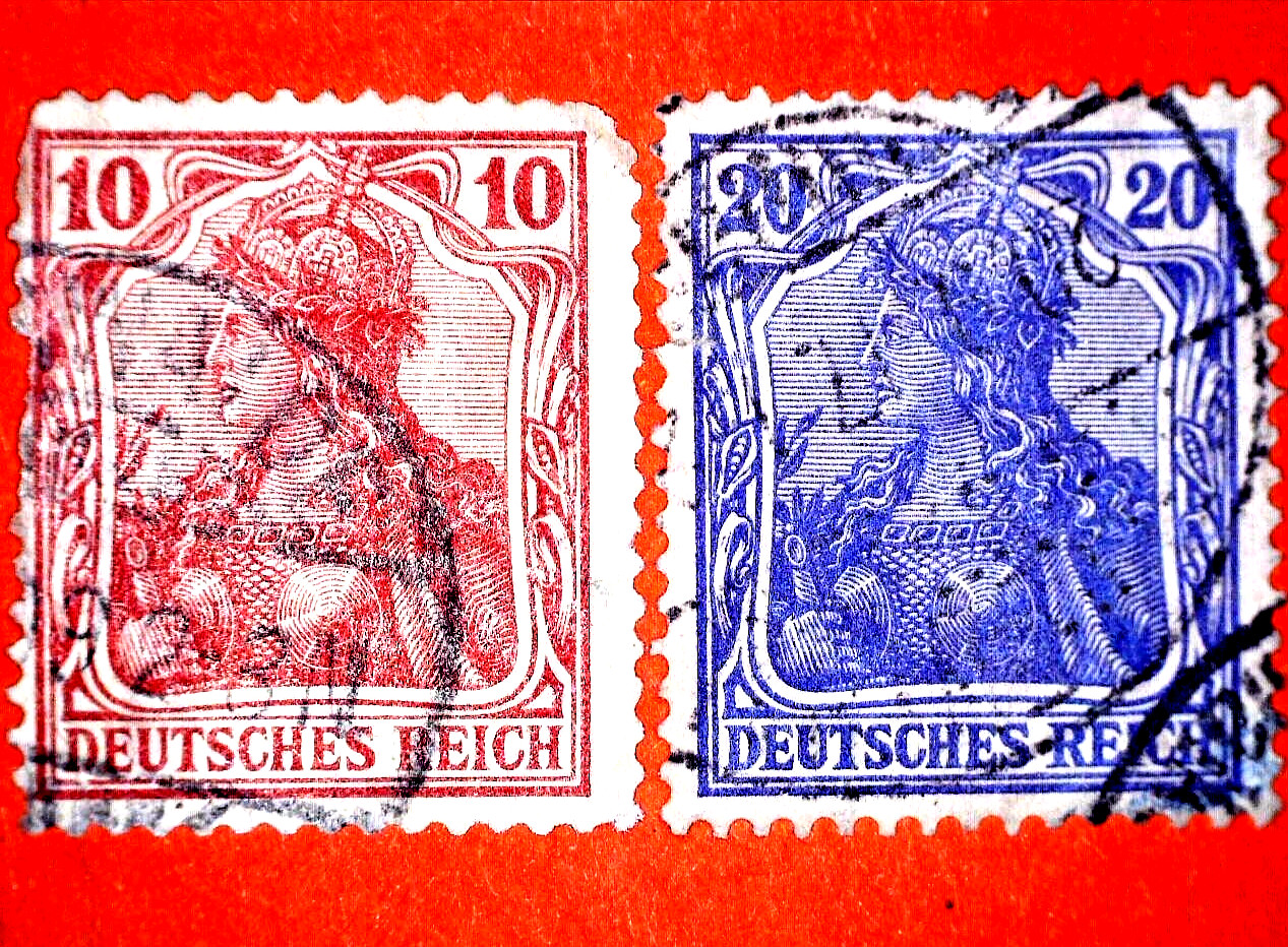 GERMAN DEUTSCHES REICH RARE 2 POSTAGE STAMPS CARMINE, BLUE, 10, 20 PF, watermark GERMAN DEUTSCHES REICH RARE 2 POSTAGE STAMPS CARMINE, BLUE, 10, 20 PF, watermark