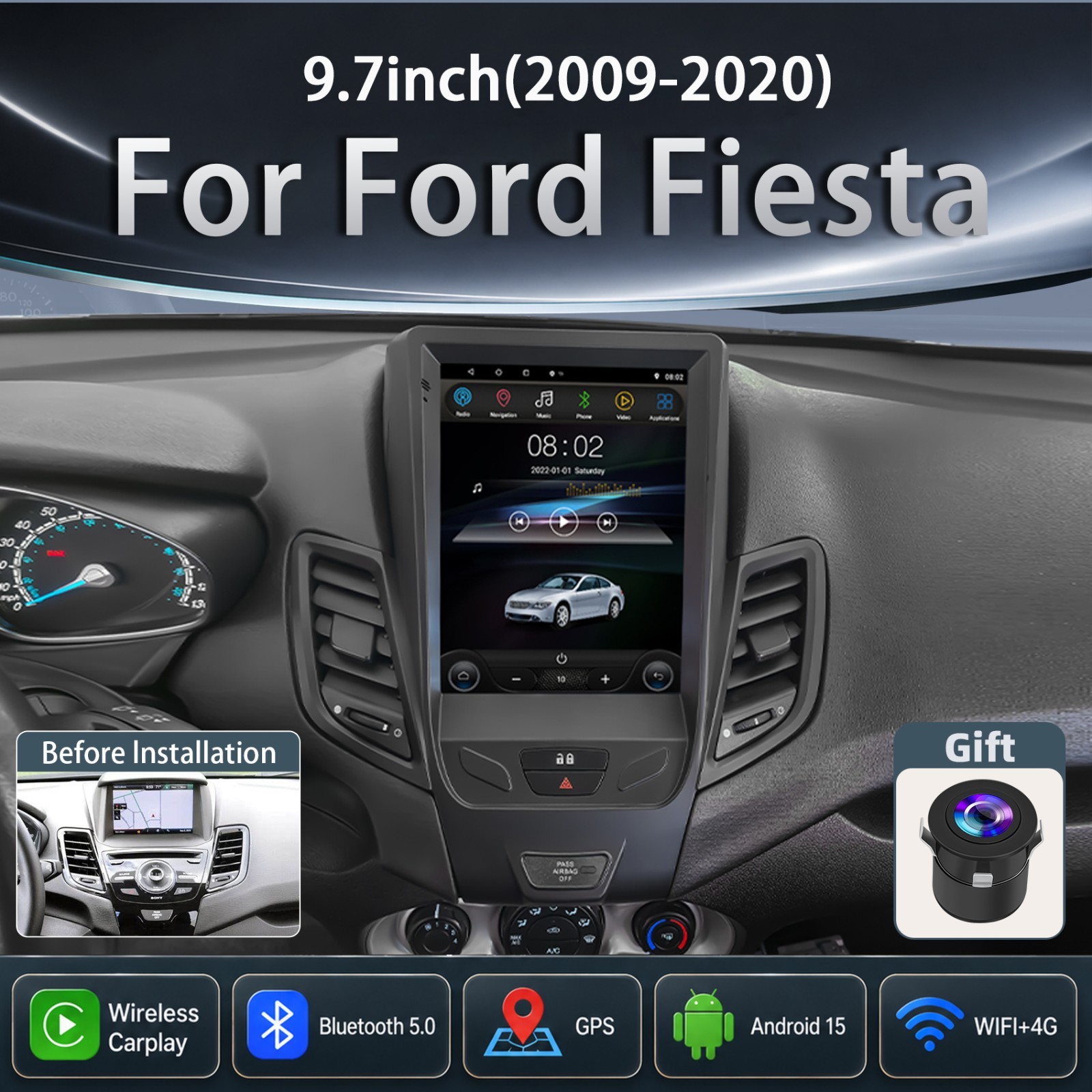 9.7''Apple Carplay For Ford Fiesta 2009-2016 Android14 Car Stereo Radio GPS NAVI