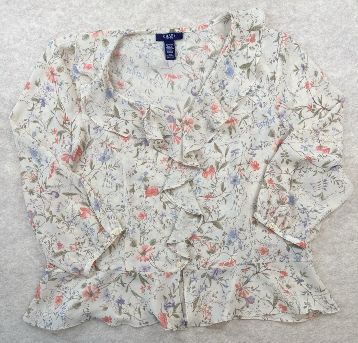 CHAPS Top Blouse Women XL Beige Floral Ruffle 3/4 Sleeve Feminine Cottage Forest