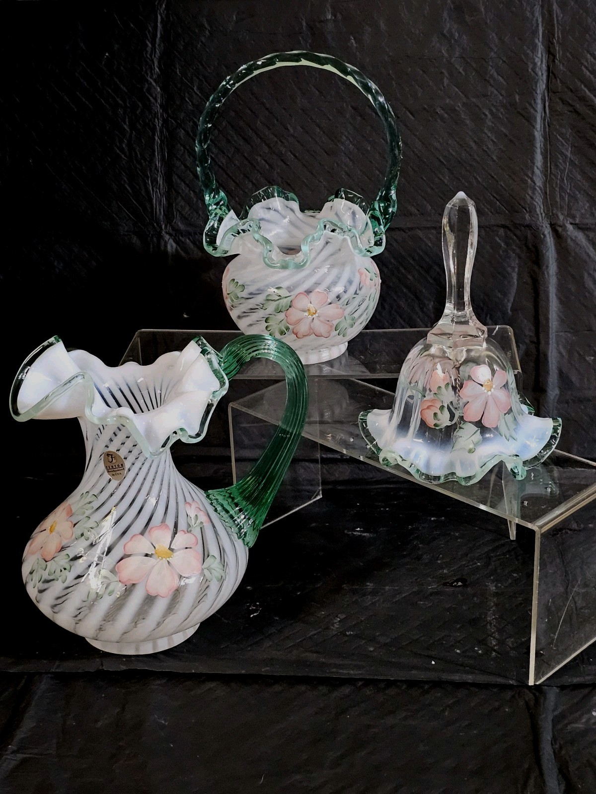 Fenton Meadow Beauty 3-Piece Art Glass Set Pitcher Basket & Bell Signed/Sticker