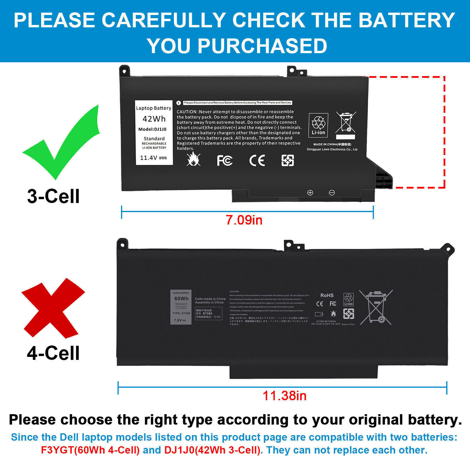 Lot 1-50X DJ1J0 Battery For Dell Latitude 12 7000 7280 7480 451-BBZL PGFX4 42Wh