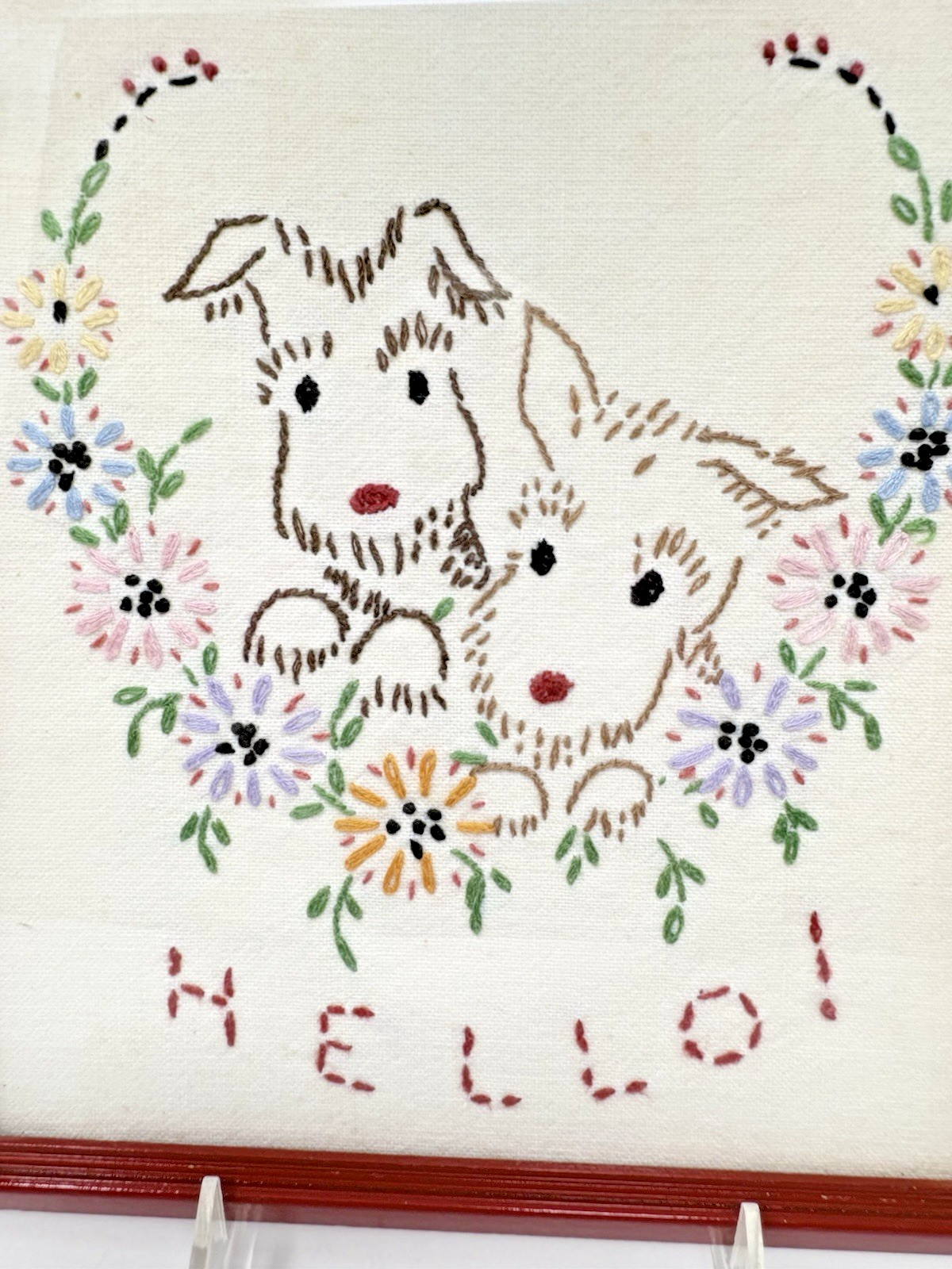 Vintage Dog Embroidery Framed Terriers Flowers Hello Whimsical Sweet Cottagecore