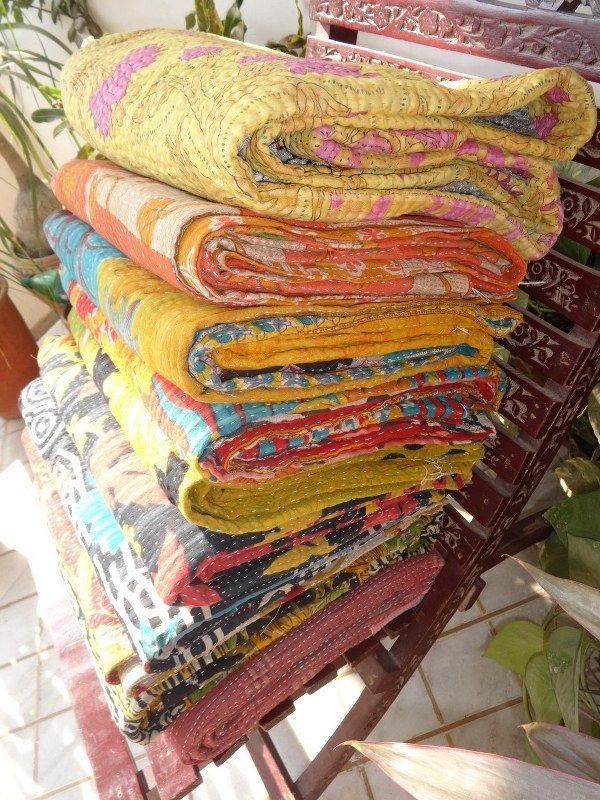 Reversible Kantha Lot Twin Quilt Indian Vintage Handmade Blanket Throw Patchwork