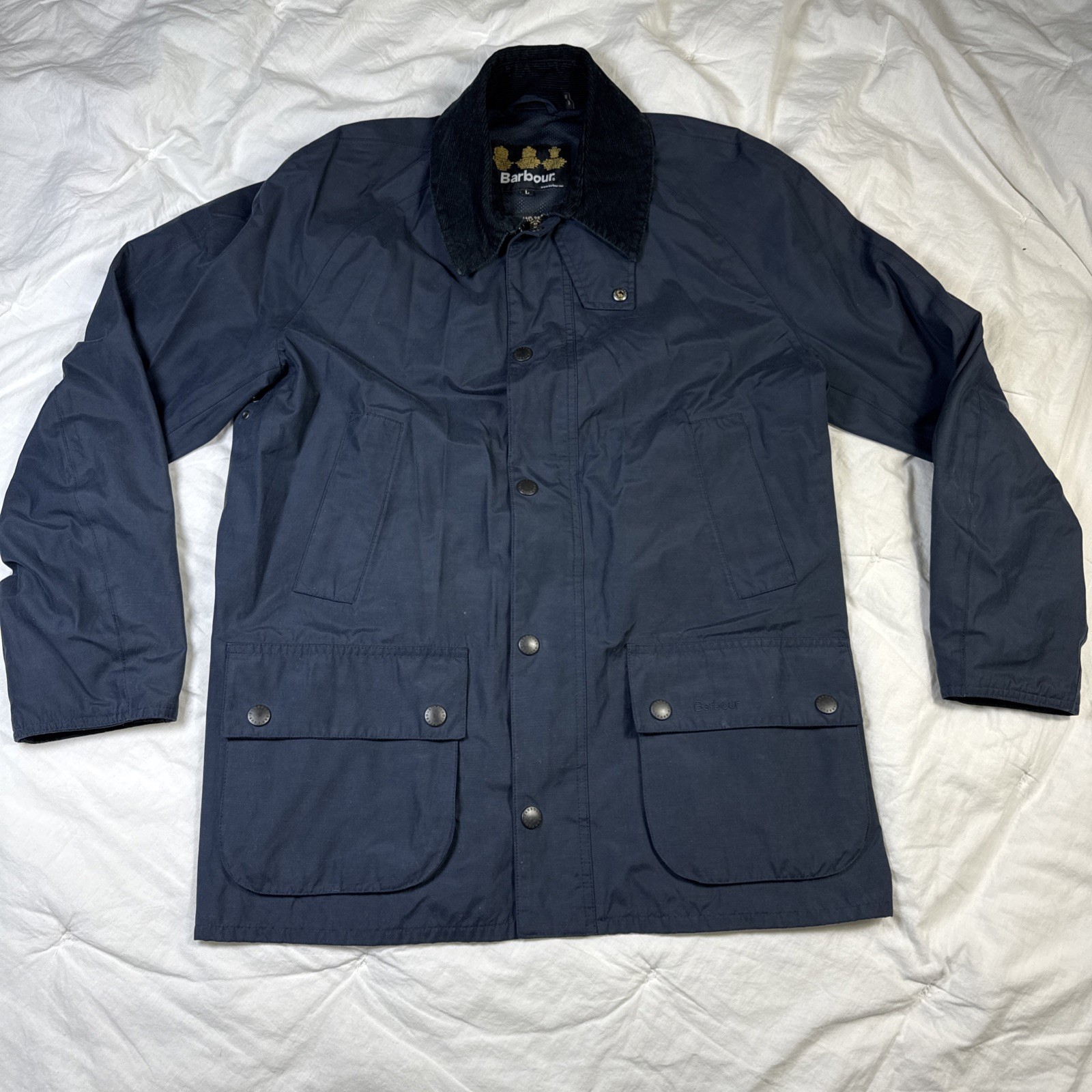Barbour Original Waxed Jacket Navy Corduroy Collar Plaid Lined Men\'s Large
