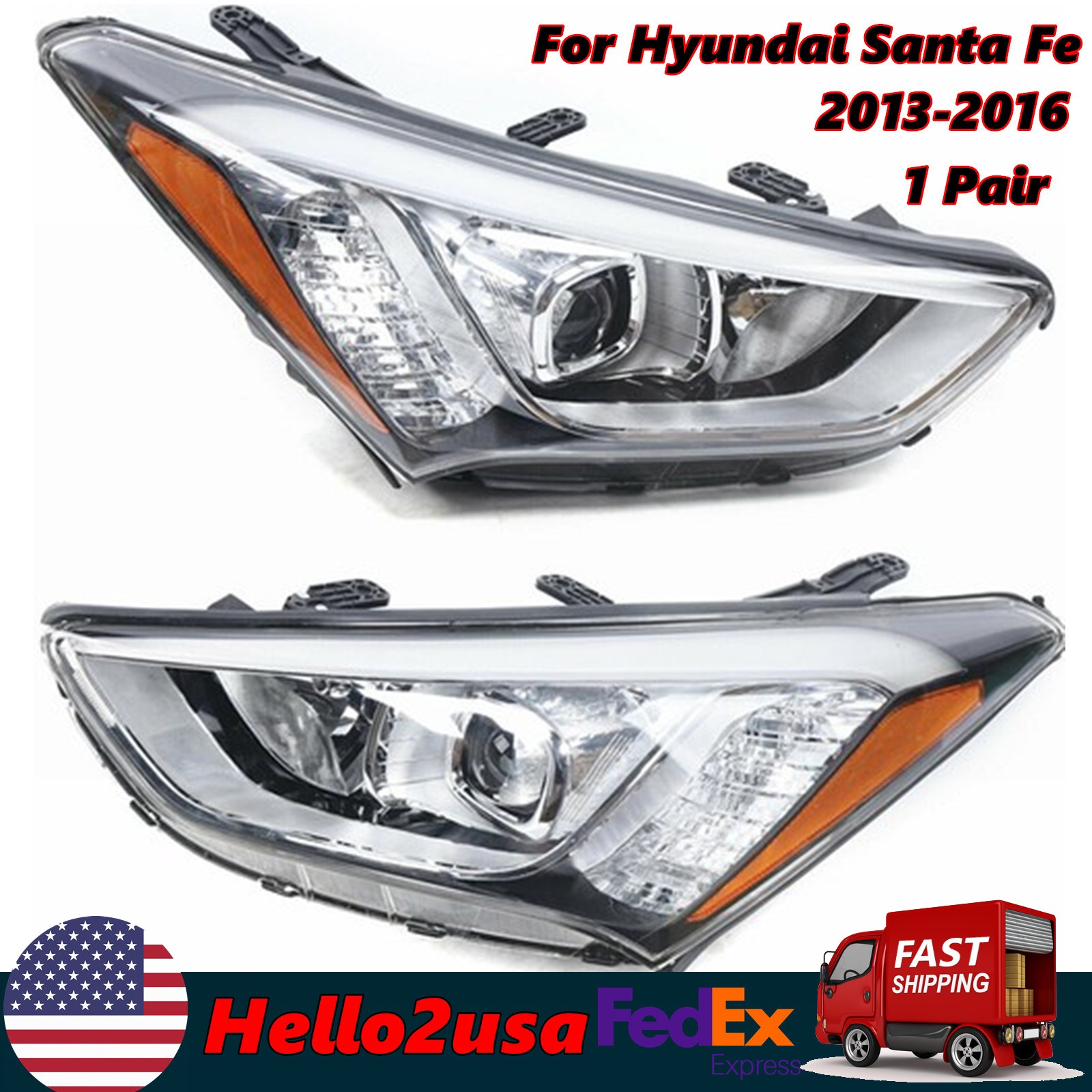 Headlight Set For 2013 2014 2015 2016 Hyundai Santa Fe Headlamps Left & Right