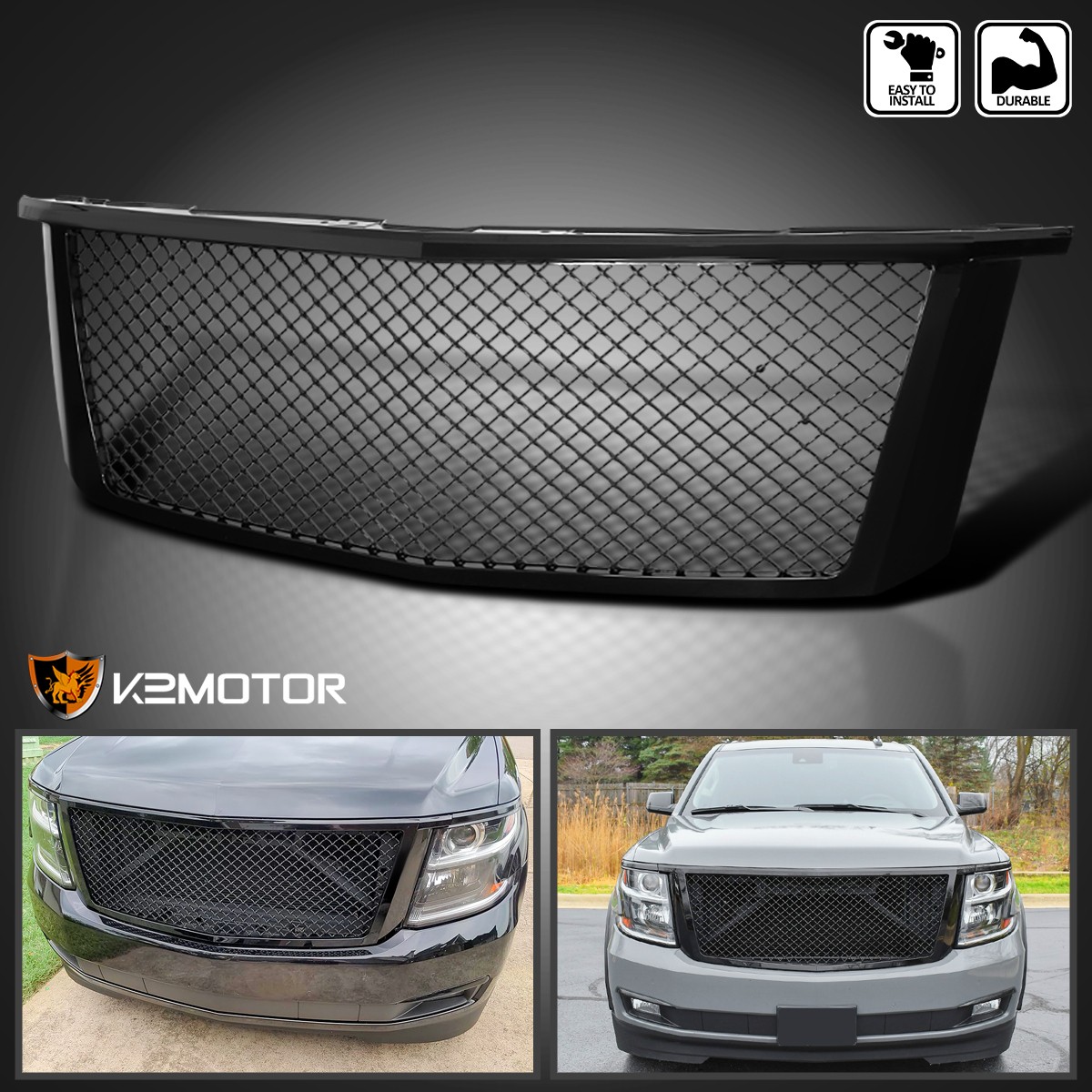 Fits 2015-2018 Chevy Tahoe Suburban Glossy Black ABS Front Mesh Hood Grille