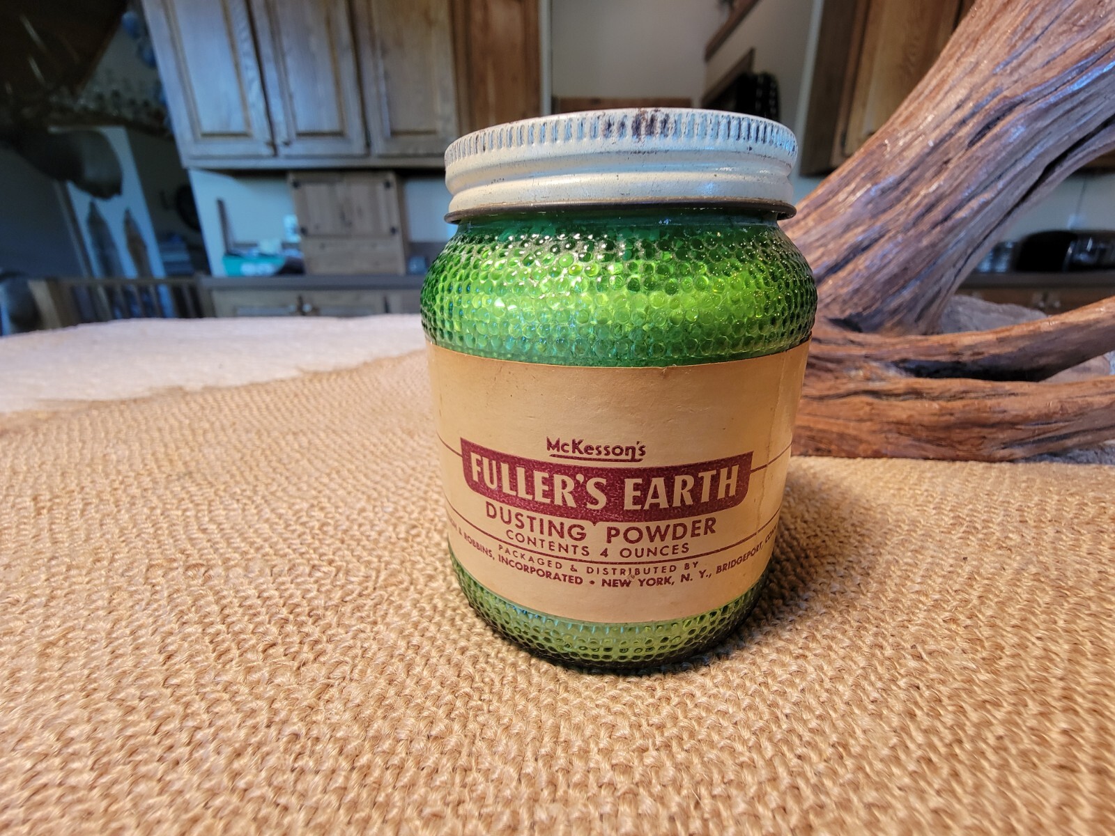 Vintage McKesson’s Fuller's Earth Dusting Powder 4oz Green Glass Jar Unopened Vintage McKesson’s Fuller's Earth Dusting Powder 4oz Green Glass Jar Unopened