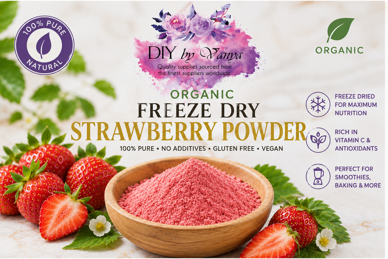 Organic Freeze Dried Strawberry Powder - 100% Pure Raw Vegan Non-GMO Superfood