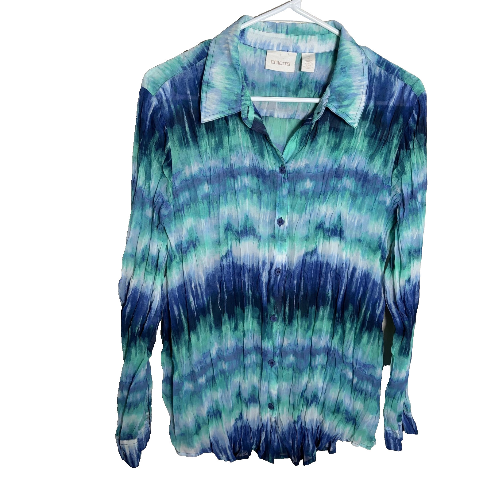 Chico\'s Blouse Women\'s 2 Blue Colorful Button Up Long Sleeve Tie Dye Shirt Top