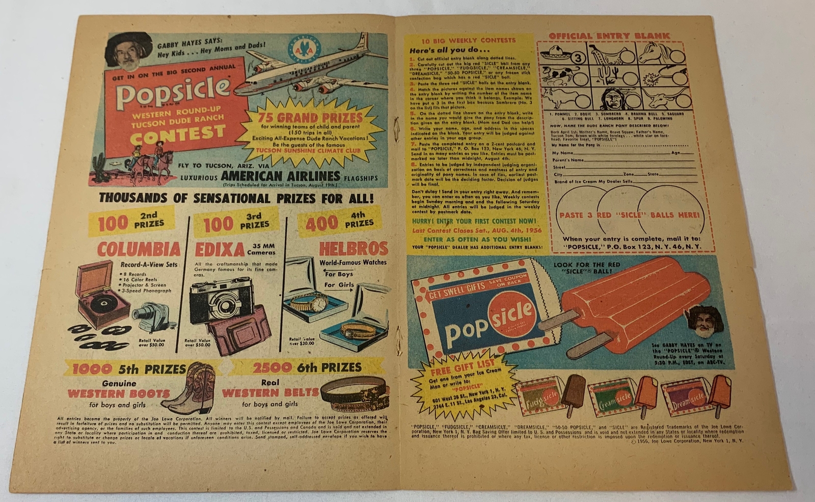 1956 POPSICLE contest two-page ad ~ GABBY HAYES 1956 POPSICLE contest two-page ad ~ GABBY HAYES