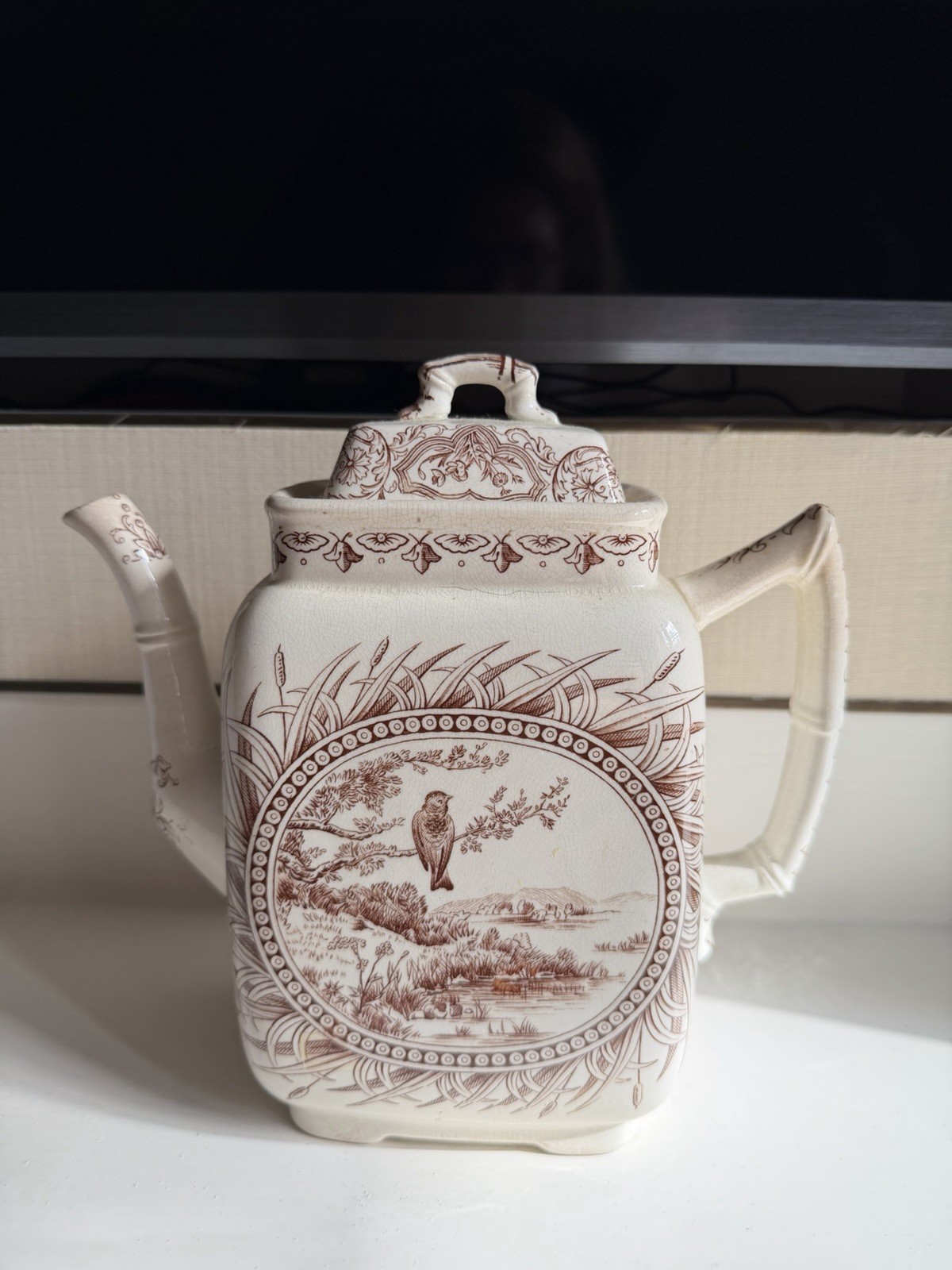W. H. Grindley & Co. Coffee Pot Brown Transferware Bird Pattern W. H. Grindley & Co. Coffee Pot Brown Transferware Bird Pattern
