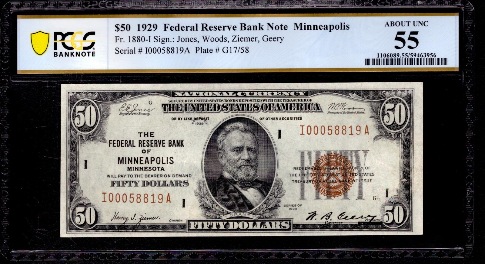 1929 $50 FEDERAL RESERVE BANK NOTE MINNEAPOLIS FR.1880-I PCGS B ABOUT UNC AU 55