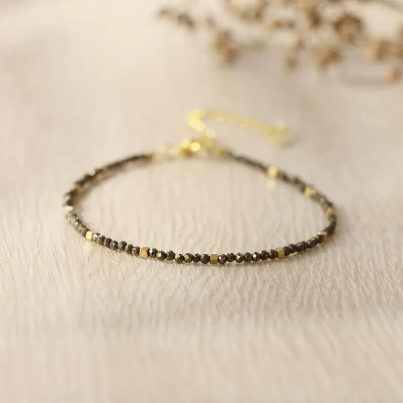 Tiny Faceted Pyrite Beads Crystal Minimalist Natural Energy Stone Bracelet