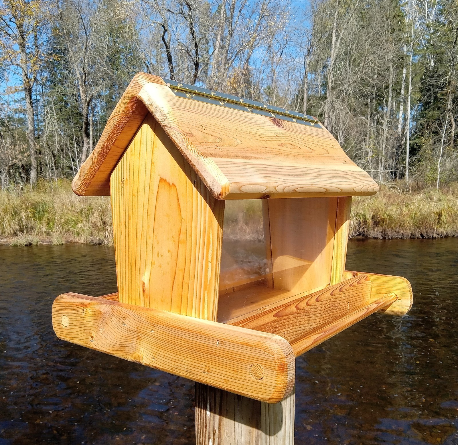 Large cedar wood post mount bird feeder for outdoors