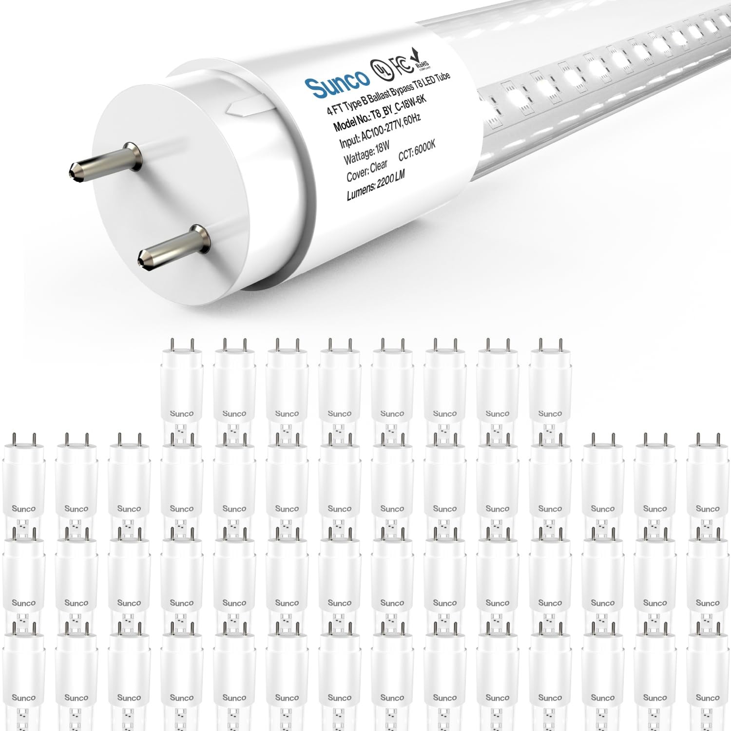 Sunco 50 Pack 4 Foot T8 LED Tube Light Bulbs, 18W, 6000K, Ballast Bypass Sunco 50 Pack 4 Foot T8 LED Tube Light Bulbs, 18W, 6000K, Ballast Bypass