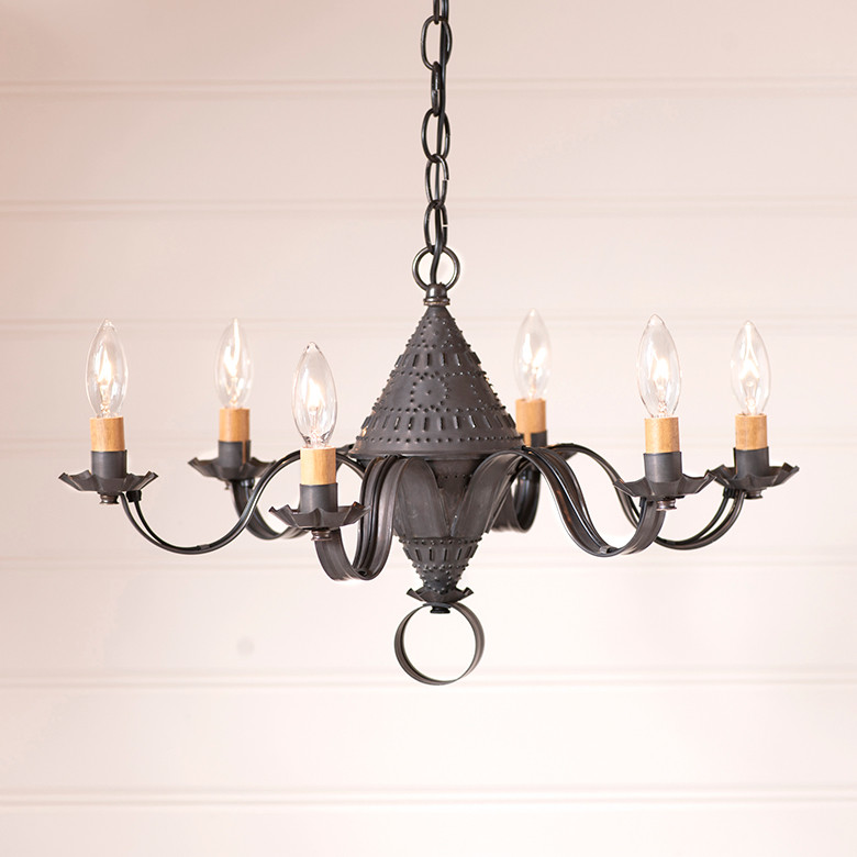 6 Arm Small Concord Blackened Tin Metal Chandelier By Irvin\'s Country Tinware