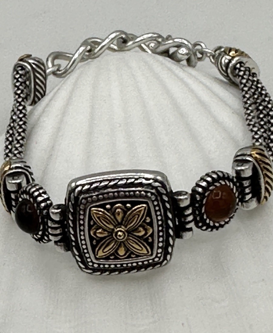 Brighton Two Tone Popcorn Mesh Floral Cabochon Toggle Bracelet 8