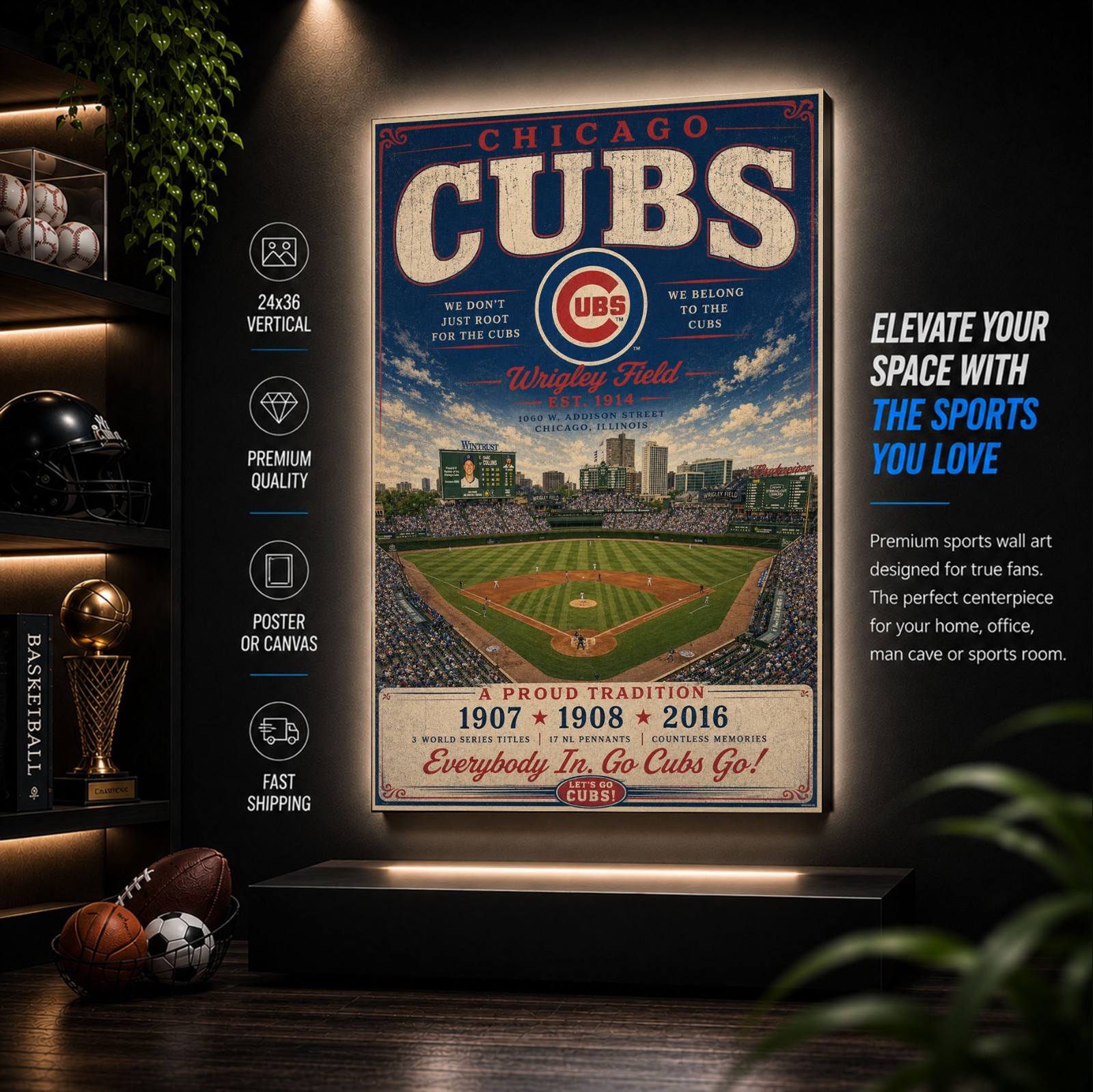 Chicago Cubs Stadium Fan Poster or Canvas -  Wrigley Field Wall Art Cubs Decor