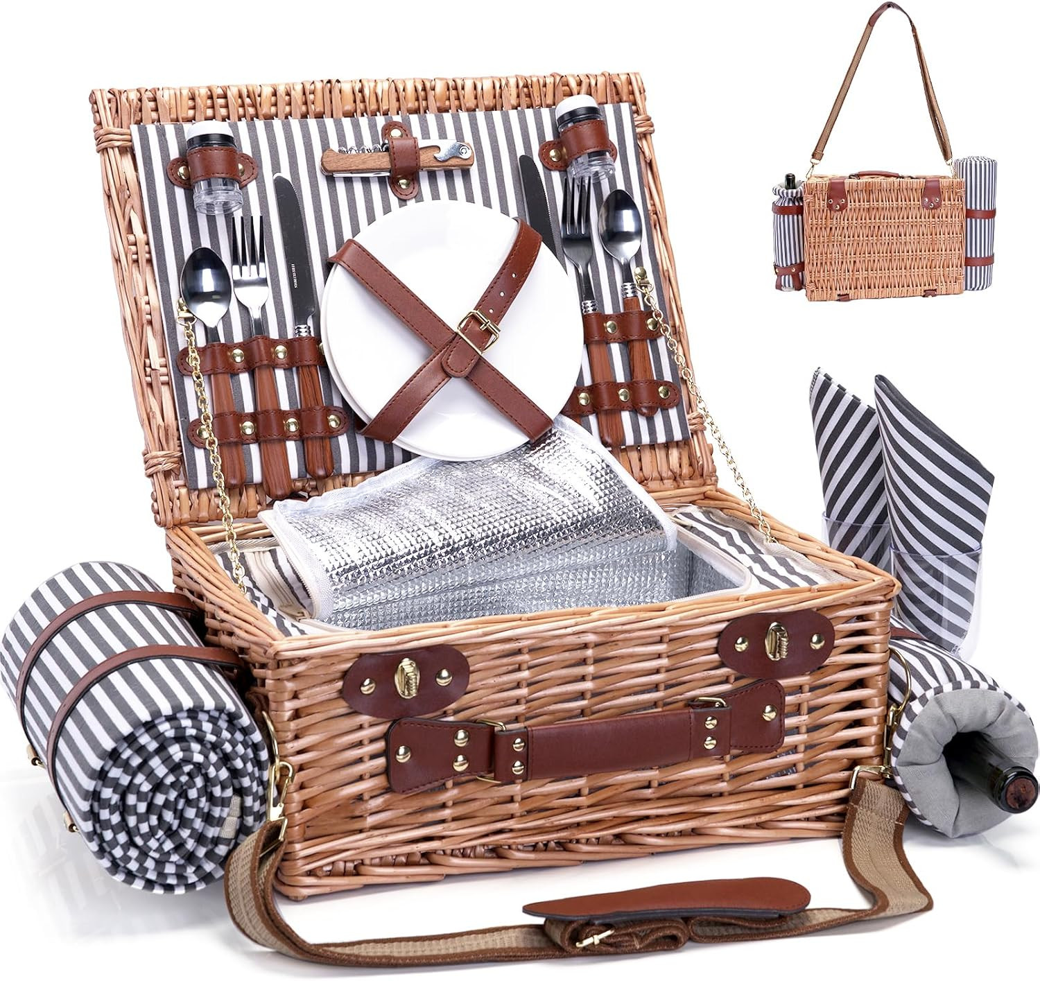 Picnic Basket with Blanket and Wine Pouch for 2 Wicker Picnic Set with Insulated Picnic Basket with Blanket and Wine Pouch for 2 Wicker Picnic Set with Insulated