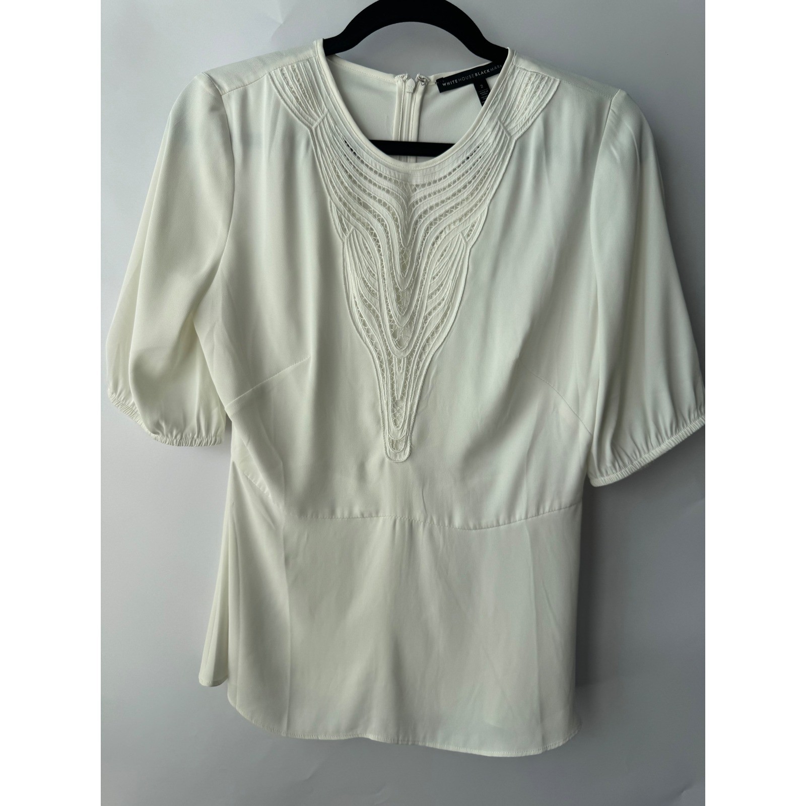 White House Black Market Ivory Peplum Blouse Embroidered Neckline Puff Sleeve 2 White House Black Market Ivory Peplum Blouse Embroidered Neckline Puff Sleeve 2