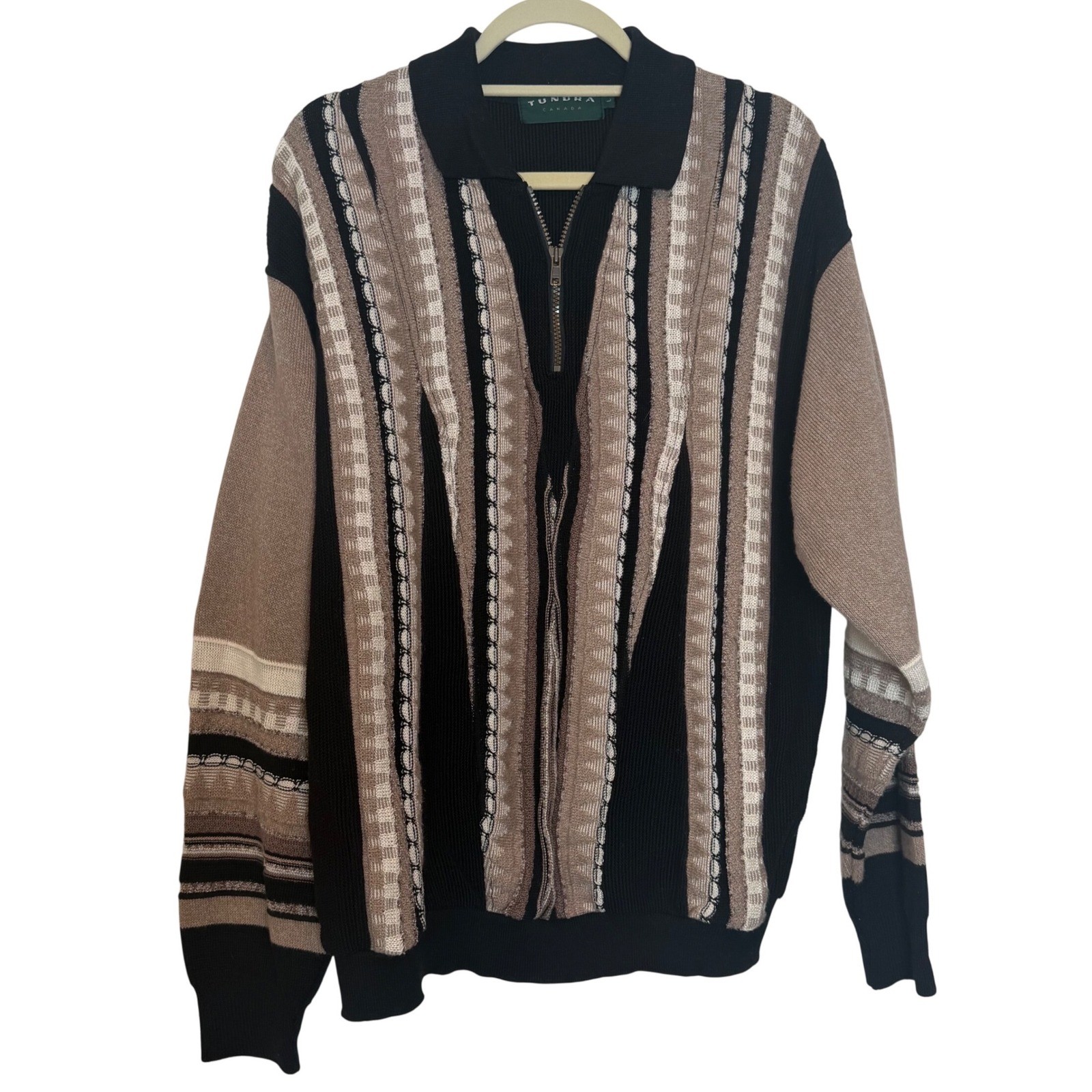 Tundra Canada Vtg 3D Knit Sweater Quarter Zip Striped Earth Tone Coogi Style Lg Tundra Canada Vtg 3D Knit Sweater Quarter Zip Striped Earth Tone Coogi Style Lg