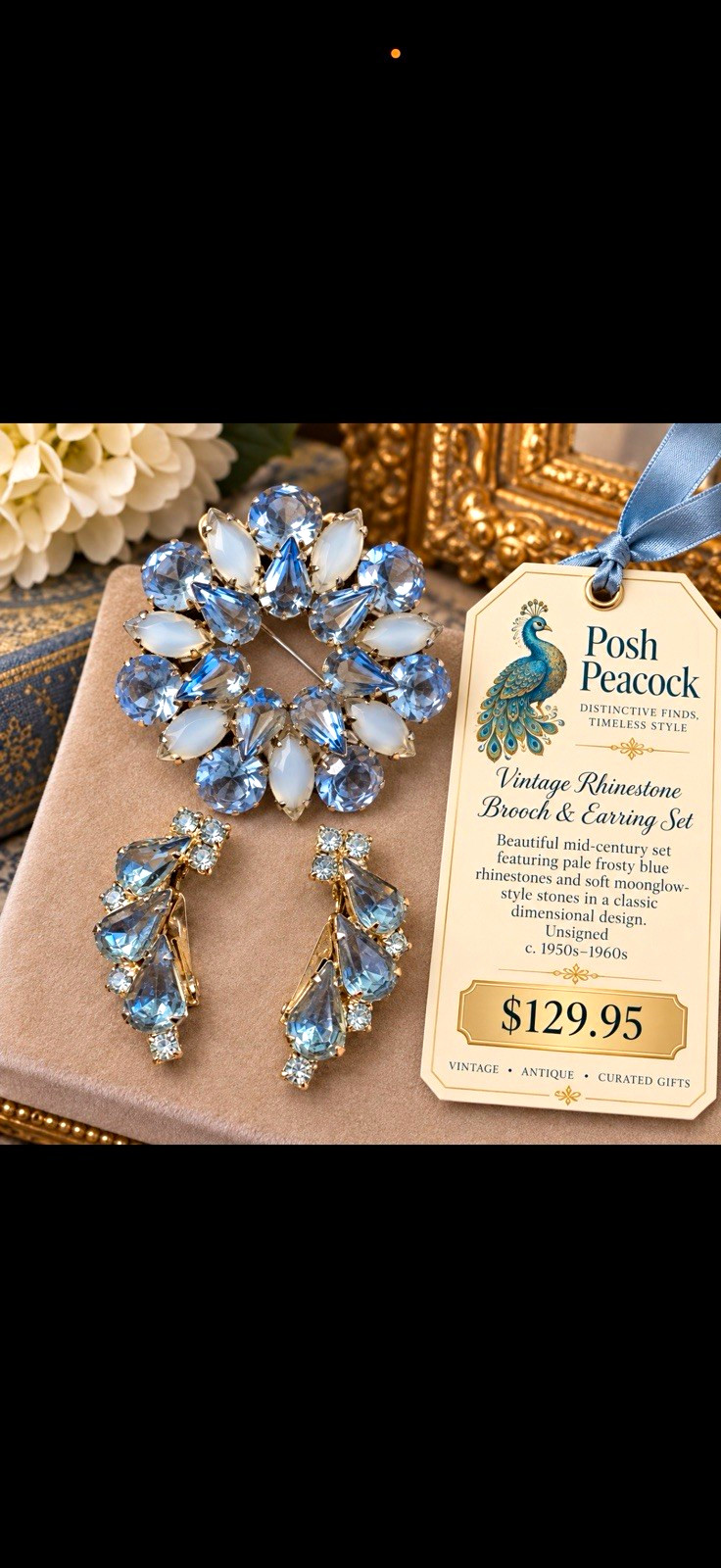 Vintage 1950s Unsigned Blue Rhinestone Wreath Brooch Pin Prong Set