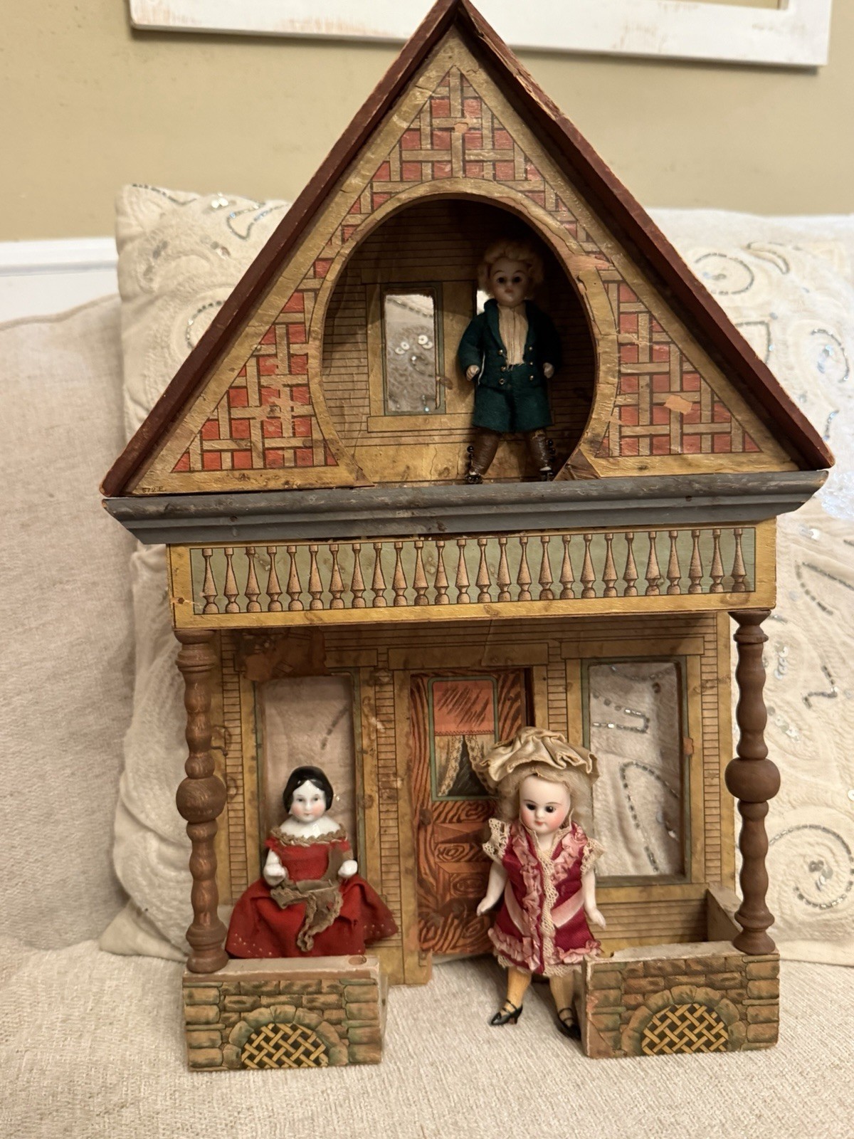 Rare Antique R. Bliss Keyhole Dollhouse Façade Lithographed Wood 14.5”