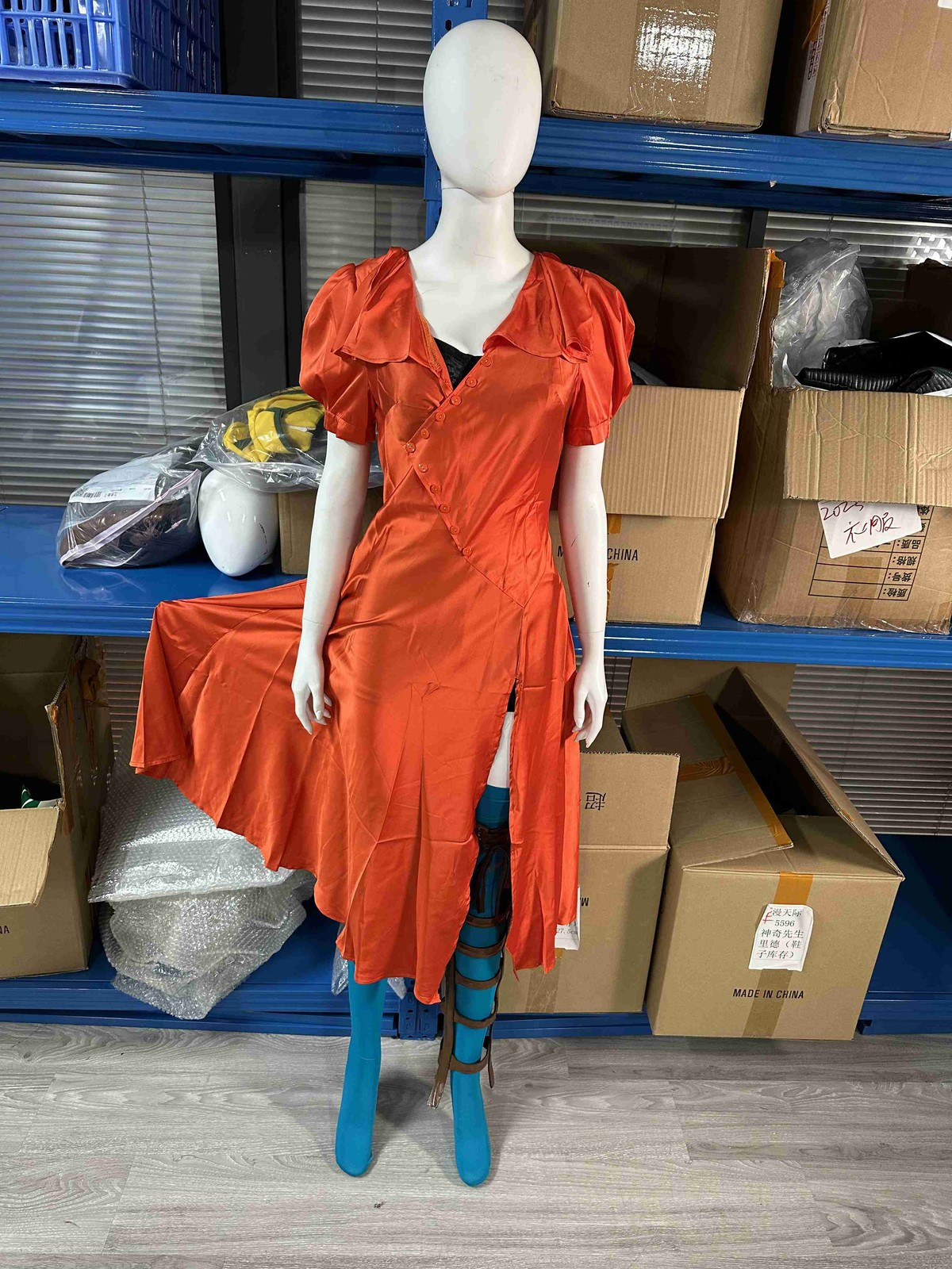 The Bride (2026) Ida Cosplay Costume - Gothic Orange Slit Dress & Blue Socks