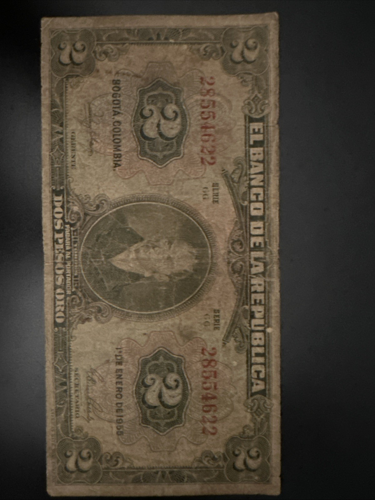 El Banco de la República 2 Pesos Oro Banknote Colombia, 1958 El Banco de la República 2 Pesos Oro Banknote Colombia, 1958
