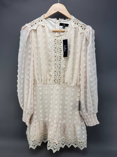 LULUS Lust or Love Cream Embroidered Lace Long Sleeve Dress Size M